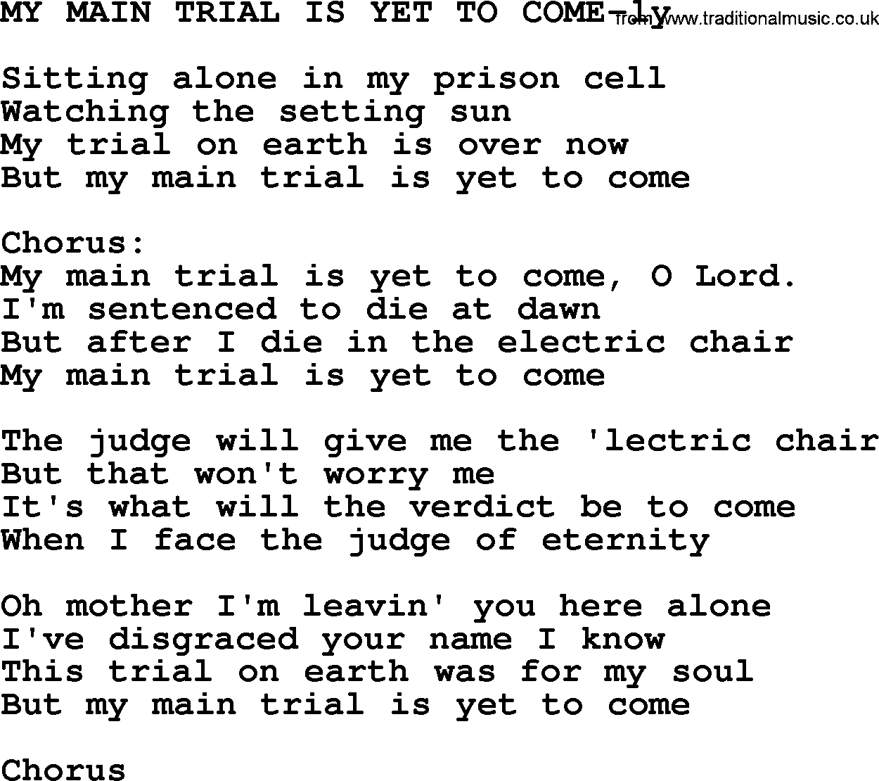 Hank Williams song My Main Trial Is Yet To Come, lyrics