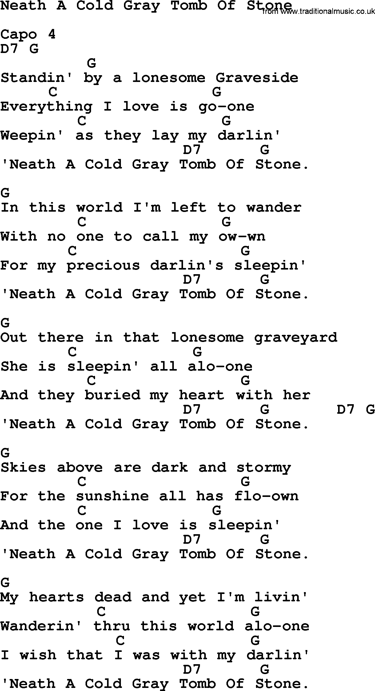 Hank Williams song Neath A Cold Gray Tomb Of Stone, lyrics and chords