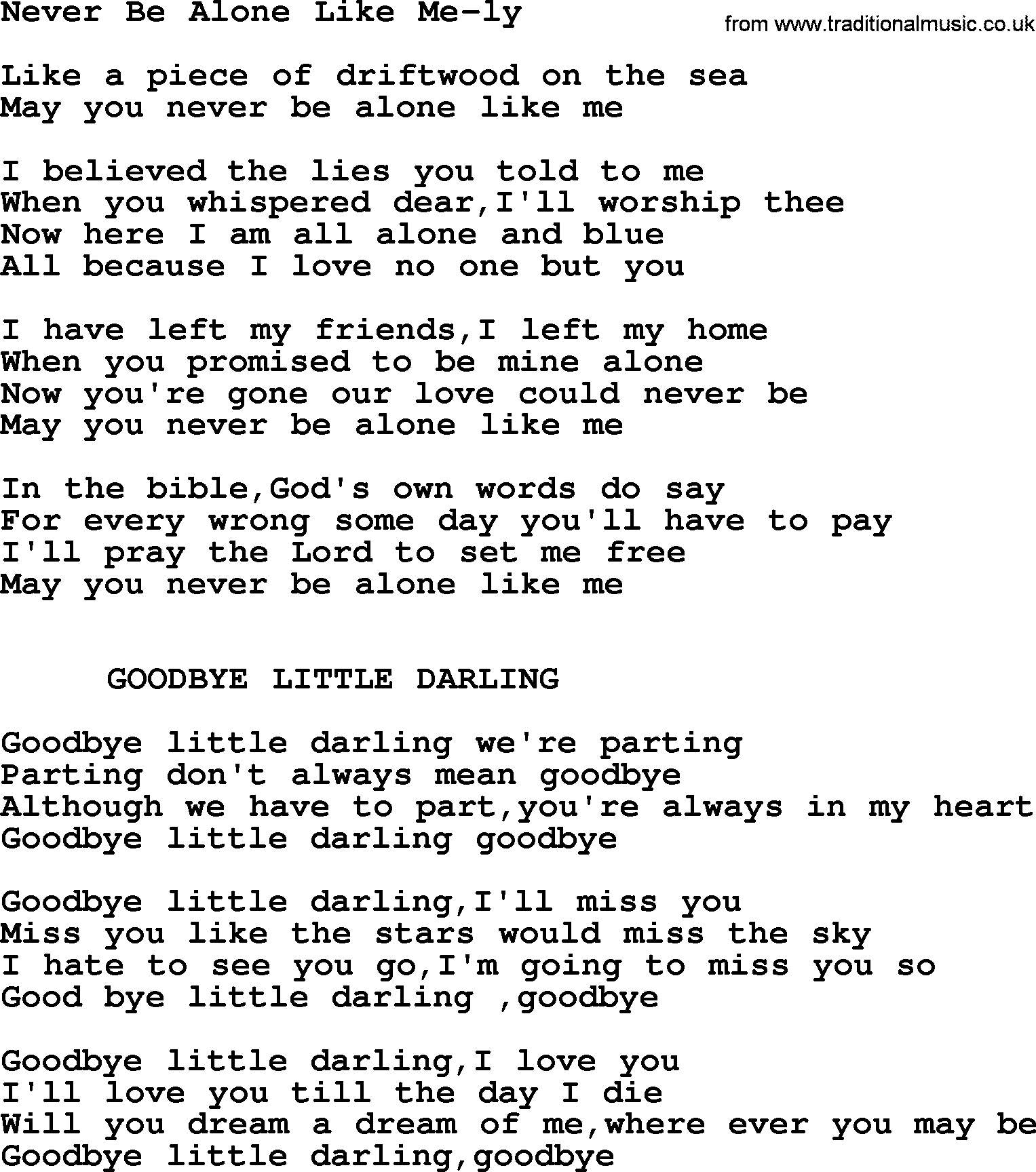 Hank Williams song Never Be Alone Like Me-ly, lyrics and chords