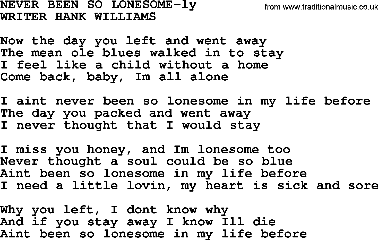 Hank Williams song Never Been So Lonesome, lyrics