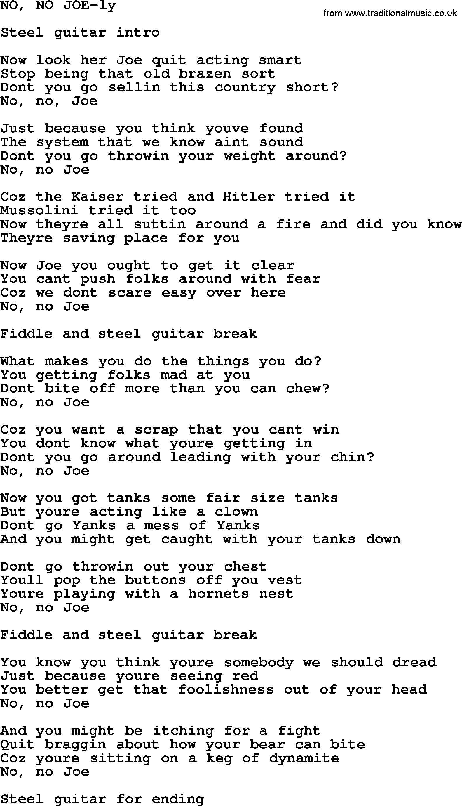 Hank Williams song No, No Joe, lyrics
