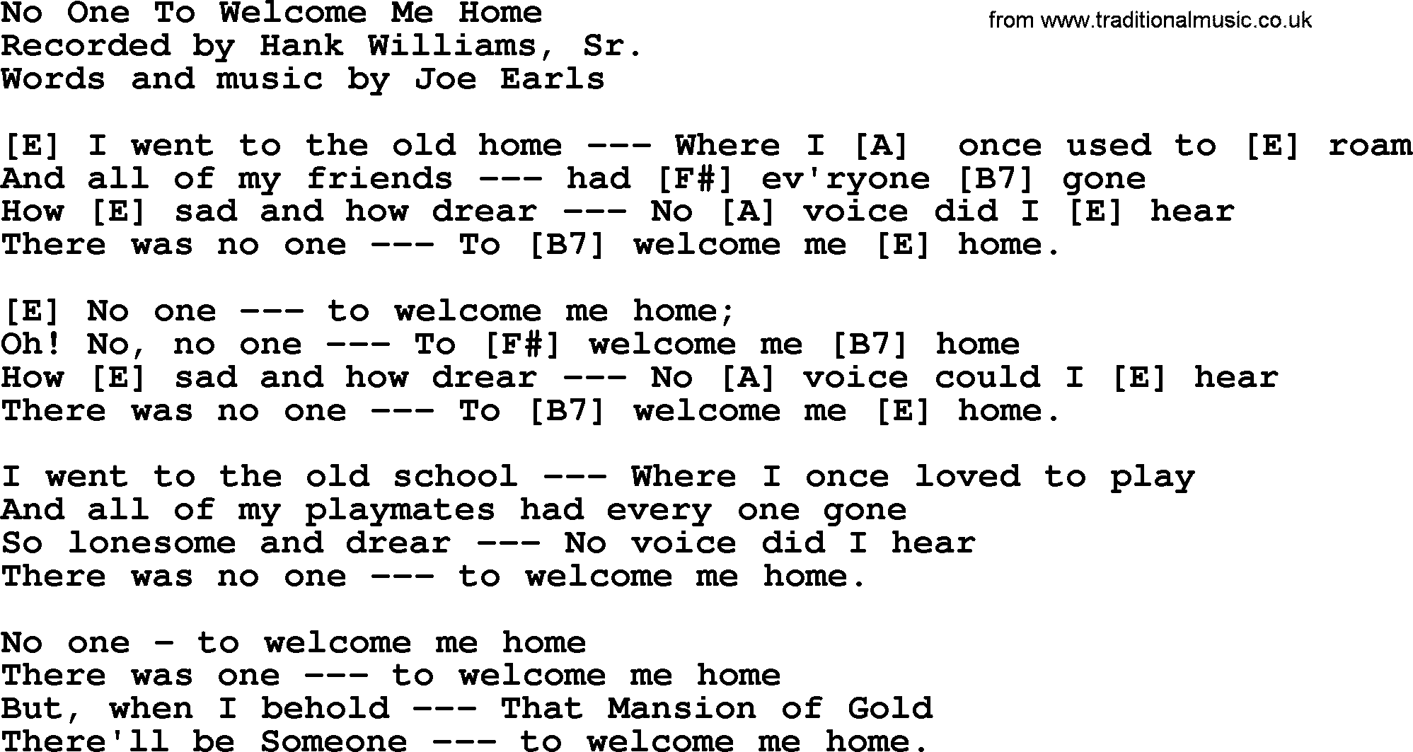 Hank Williams song No One To Welcome Me Home, lyrics and chords