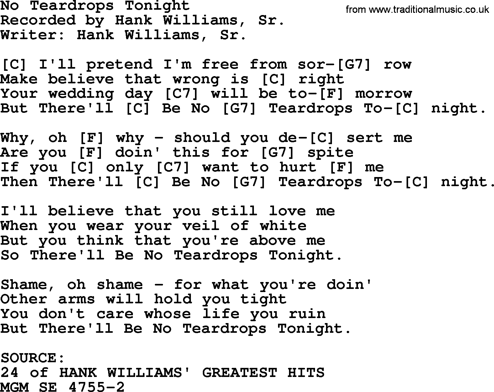 Hank Williams song No Teardrops Tonight, lyrics and chords