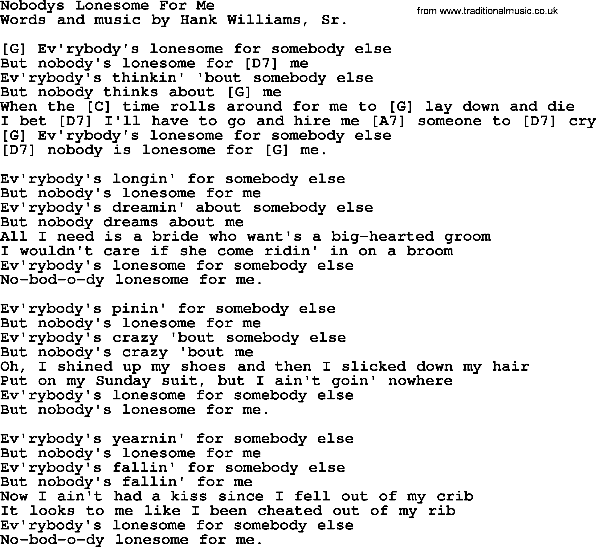 Hank Williams song Nobodys Lonesome For Me, lyrics and chords