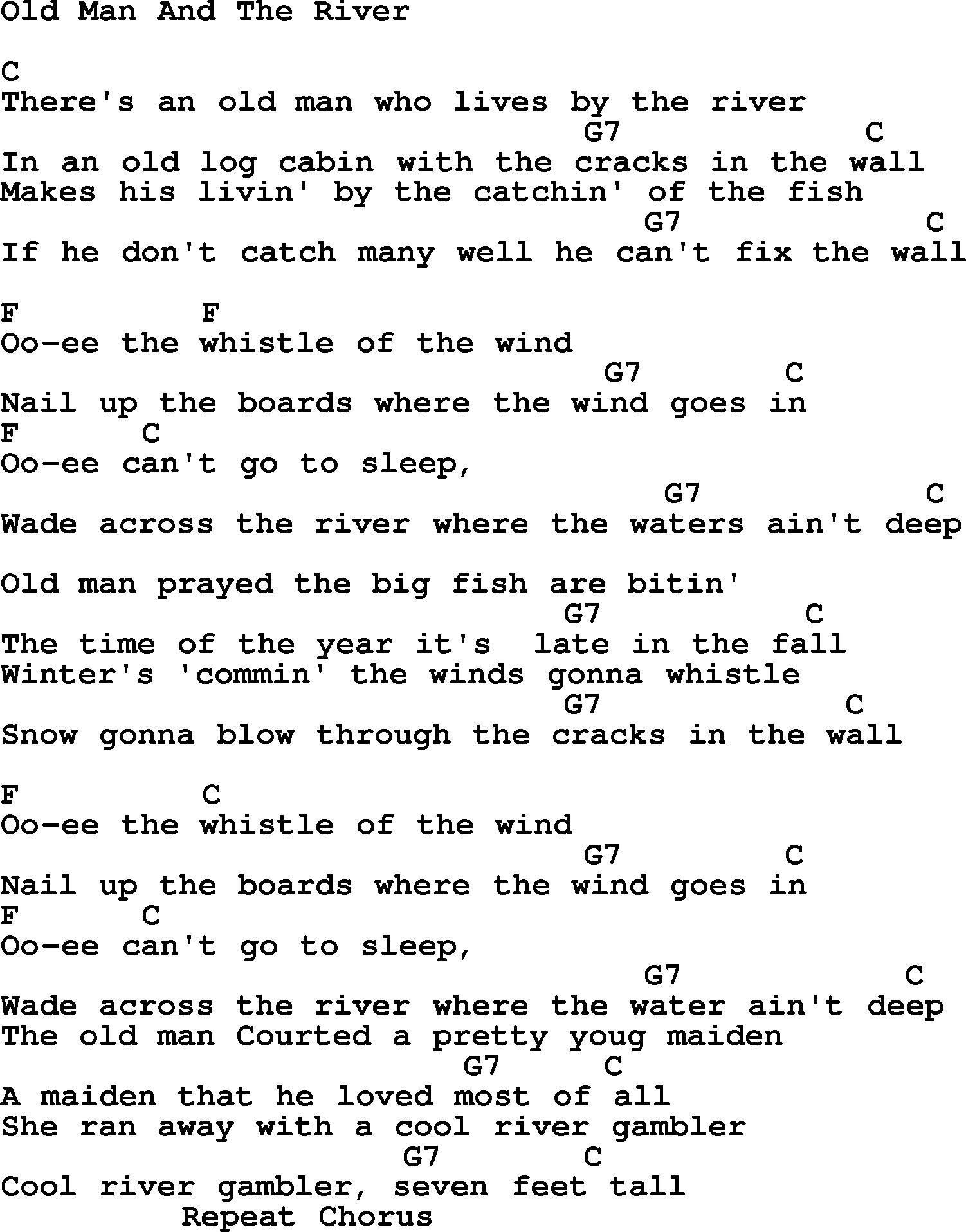 Hank Williams song Old Man And The River, lyrics and chords