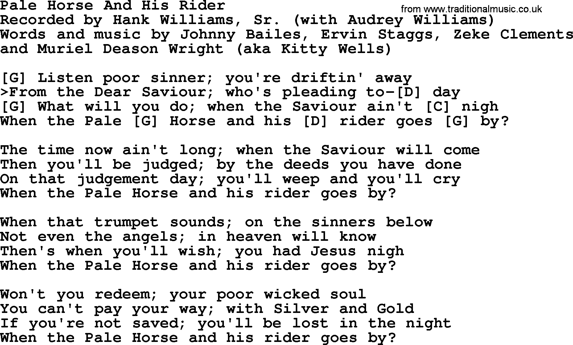 Hank Williams song Pale Horse And His Rider, lyrics and chords