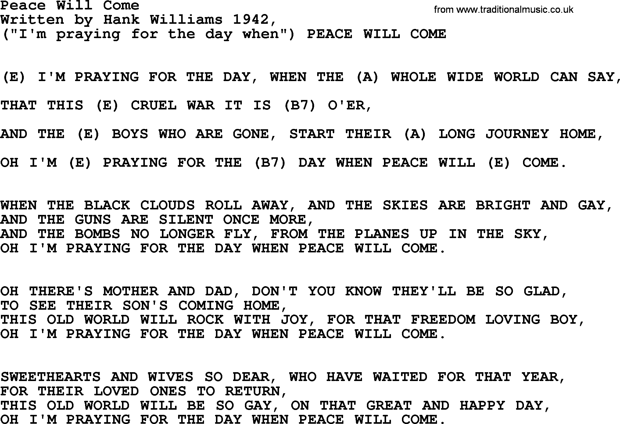 Hank Williams song Peace Will Come, lyrics and chords