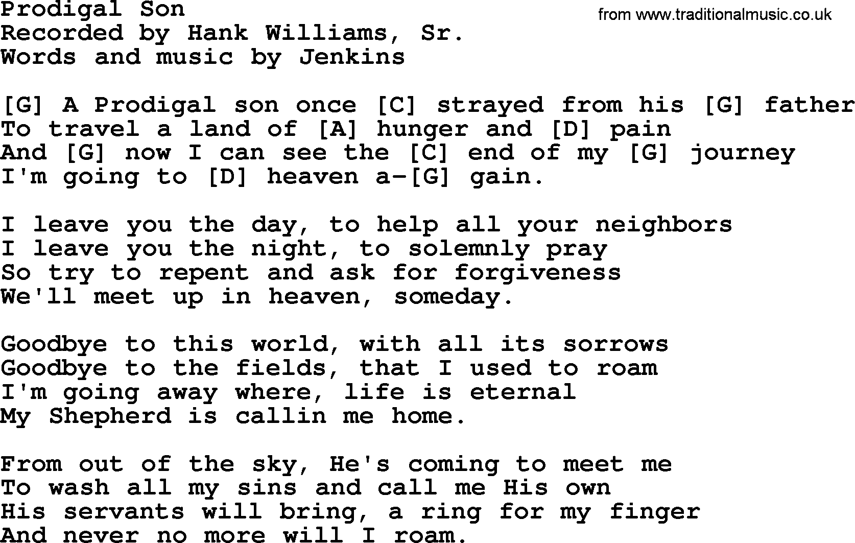 Hank Williams song Prodigal Son, lyrics and chords