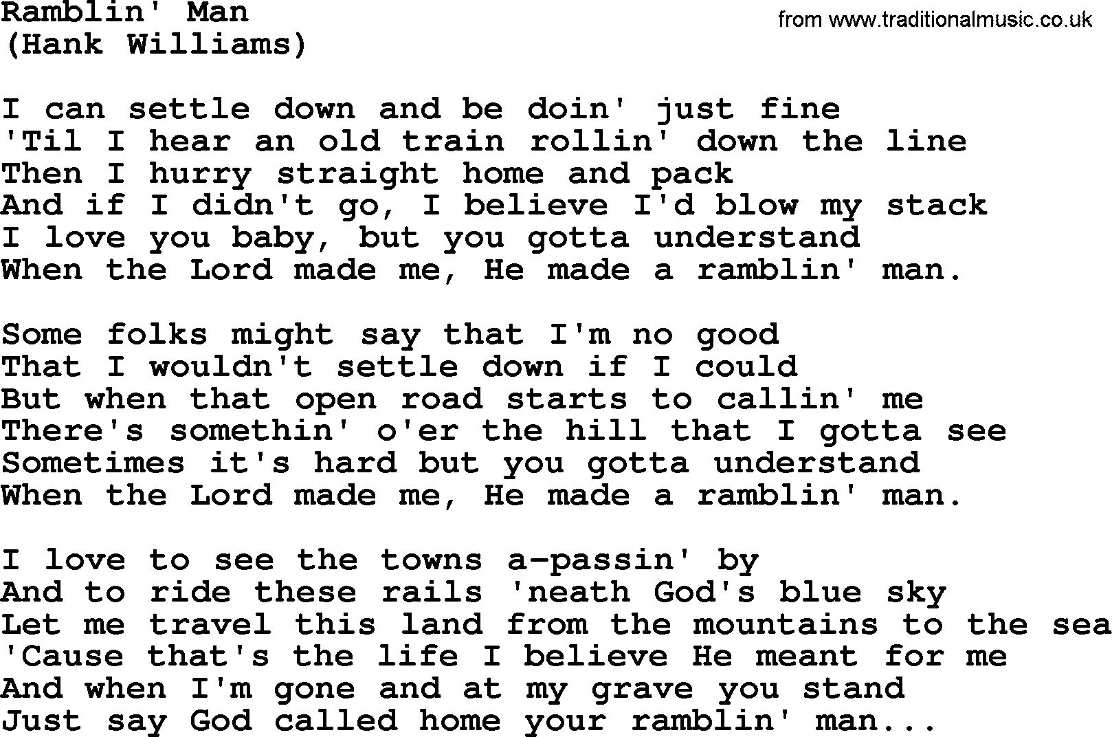 Hank Williams song Ramblin' Man, lyrics