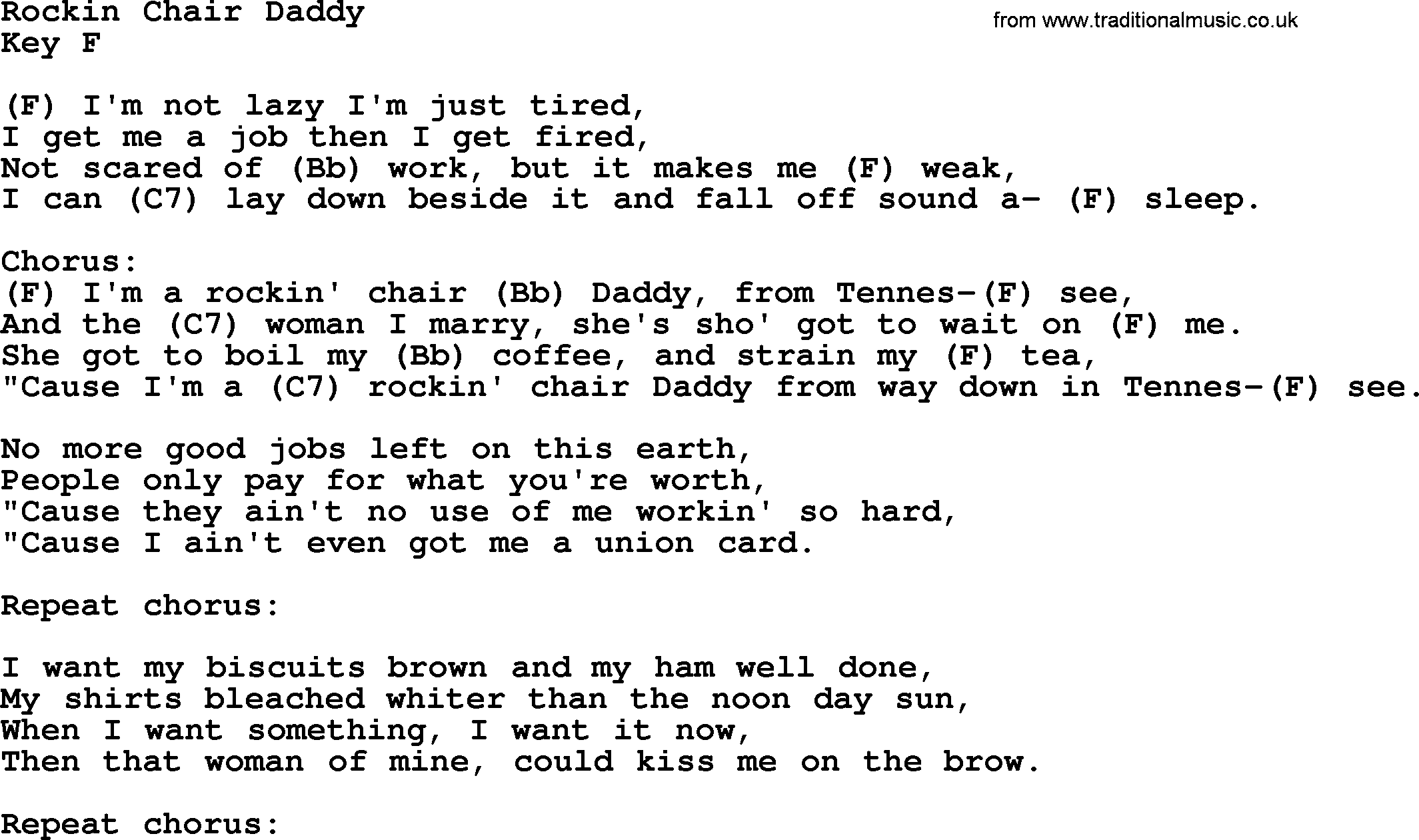Hank Williams song Rockin Chair Daddy, lyrics and chords