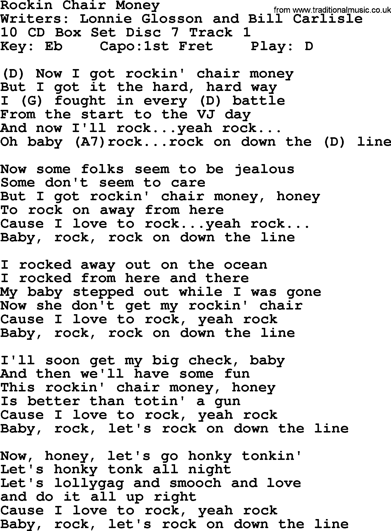 Hank Williams song Rockin Chair Money, lyrics and chords