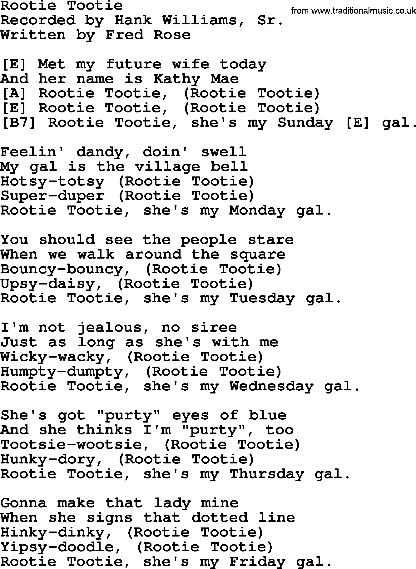 Hank Williams song Rootie Tootie, lyrics and chords