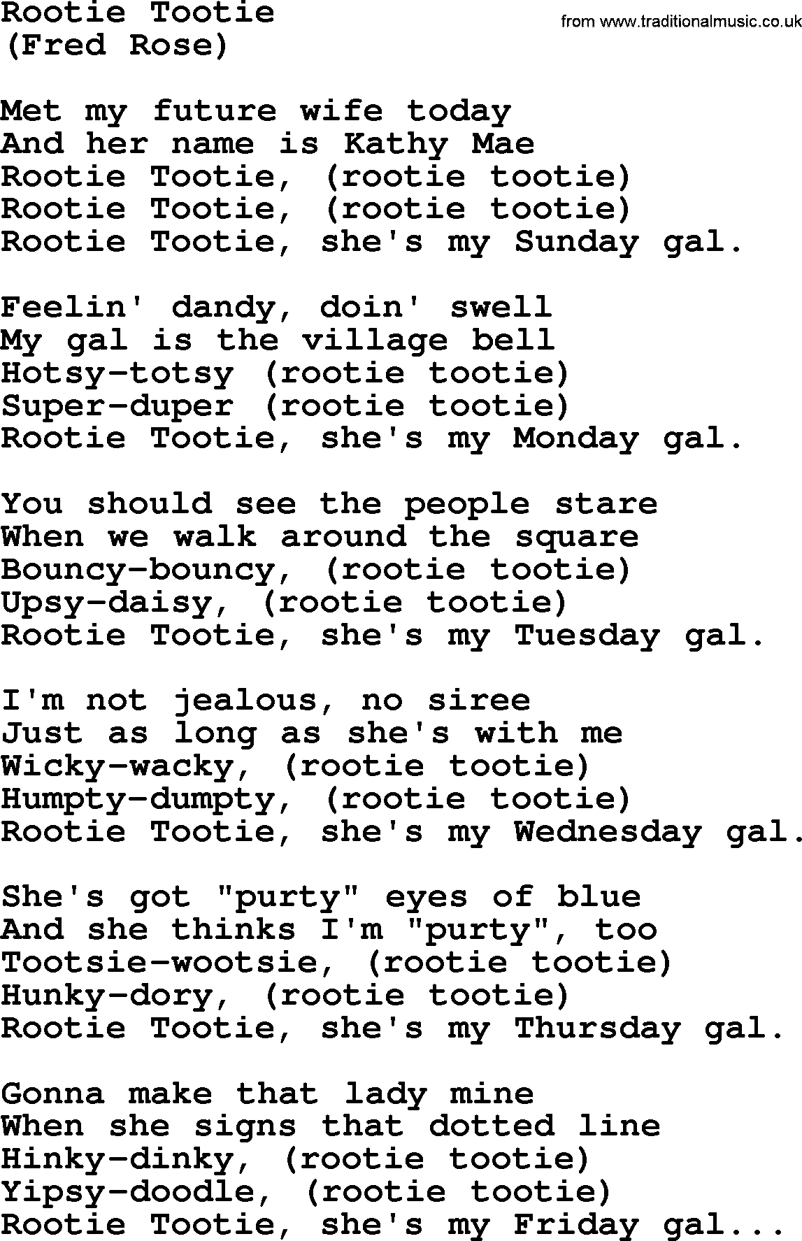 Hank Williams song Rootie Tootie, lyrics