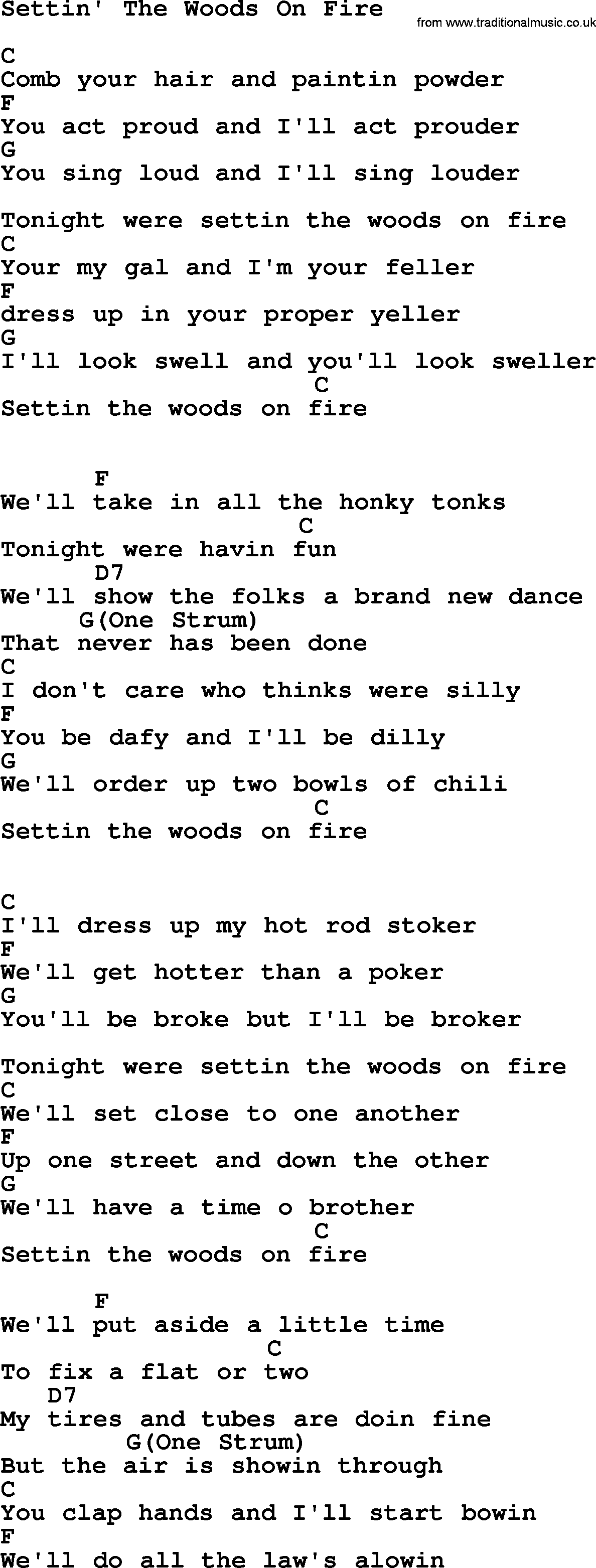 Hank Williams song Settin' The Woods On Fire, lyrics and chords