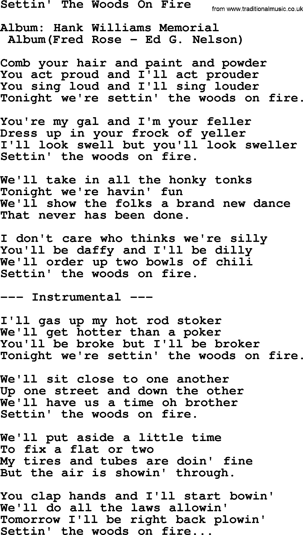 Hank Williams song Settin' The Woods On Fire, lyrics