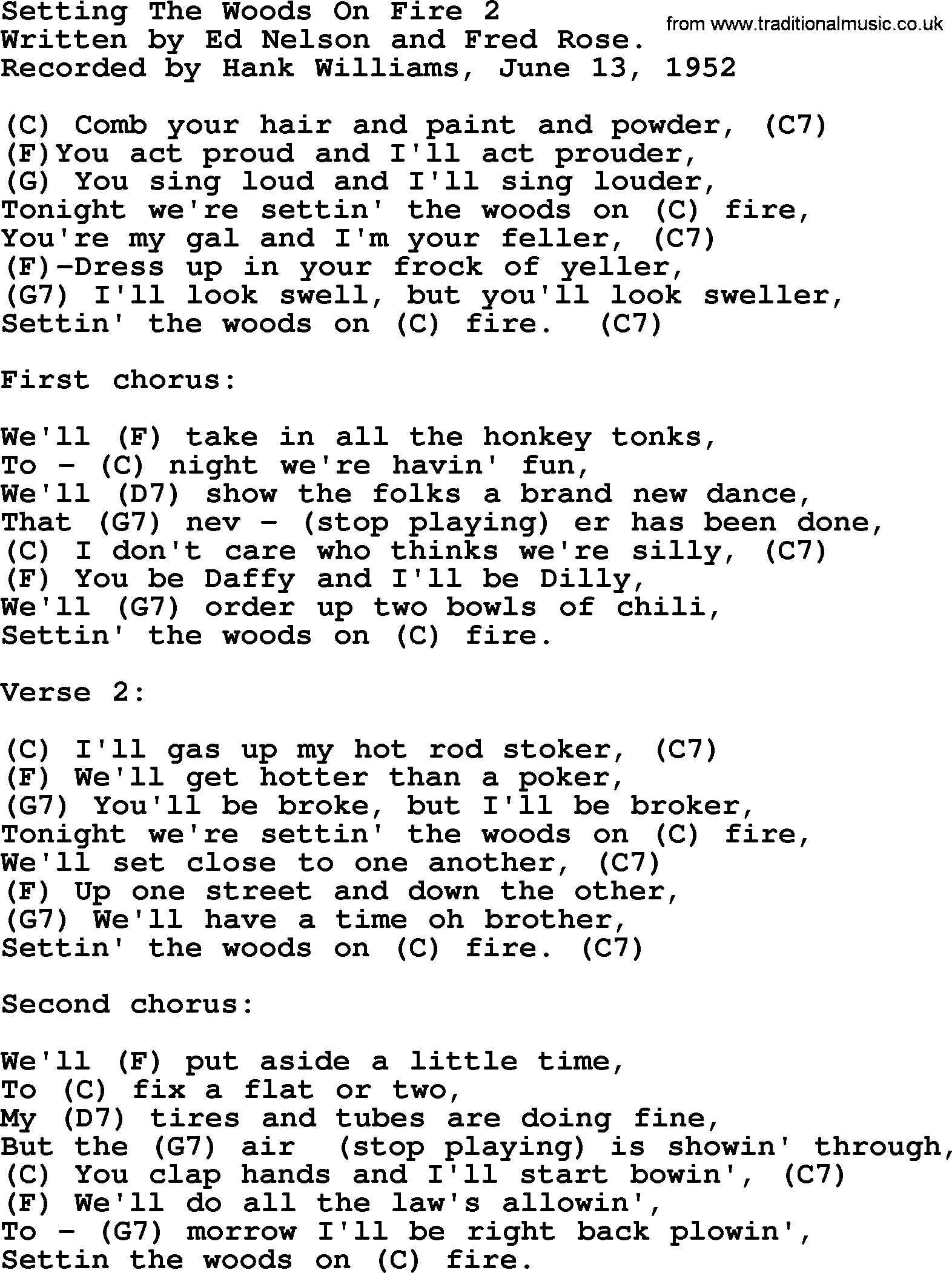 Hank Williams song Setting The Woods On Fire2, lyrics and chords