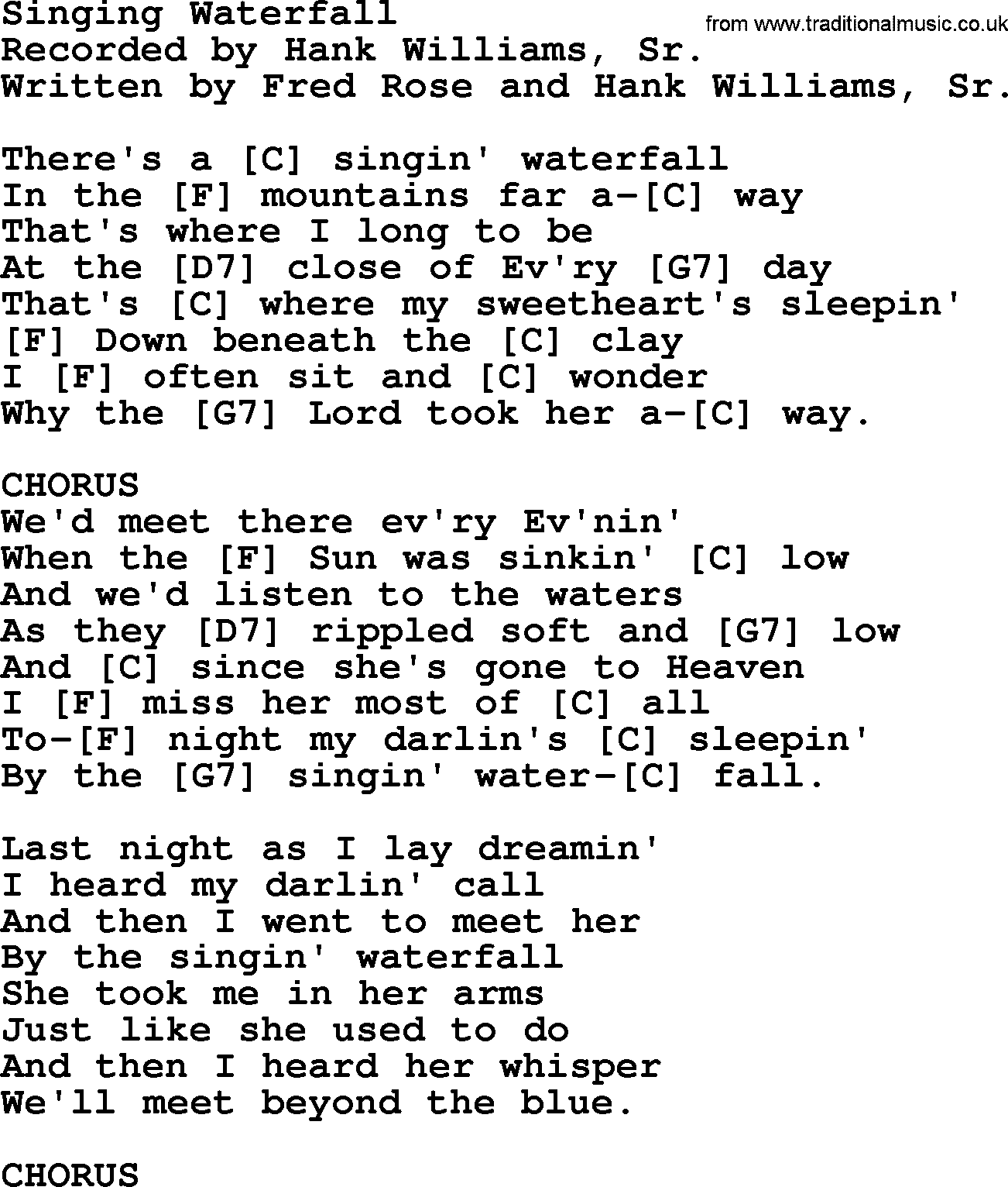 Hank Williams song Singing Waterfall, lyrics and chords
