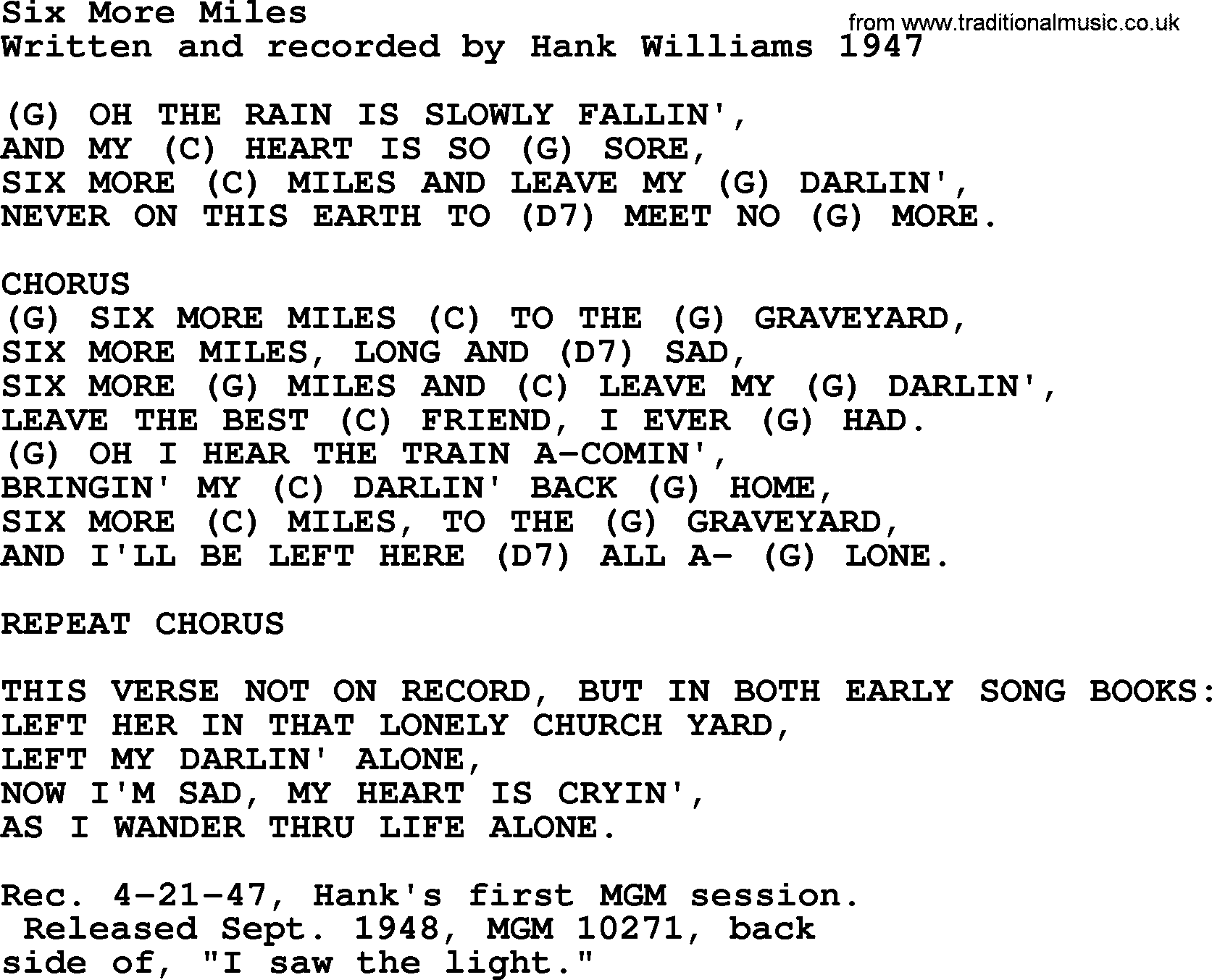 Hank Williams song Six More Miles, lyrics and chords