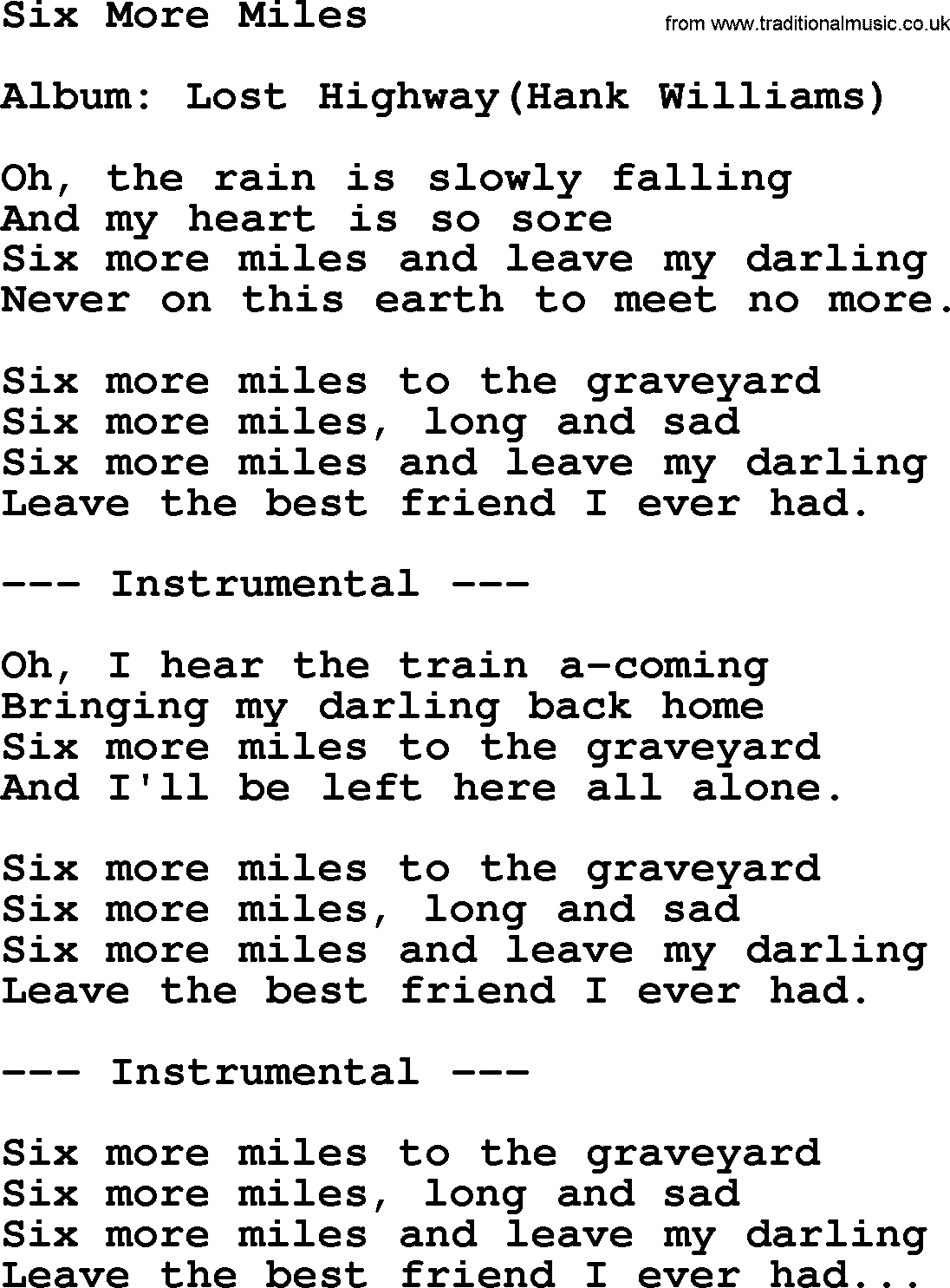 Hank Williams song Six More Miles, lyrics
