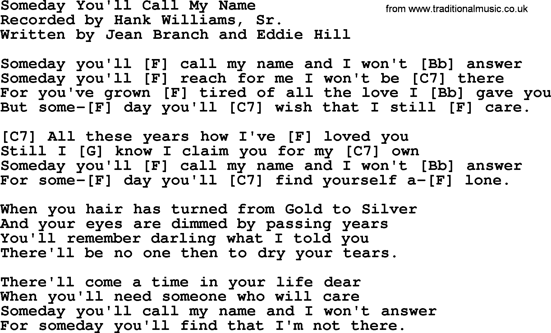 Hank Williams song Someday You'll Call My Name, lyrics and chords