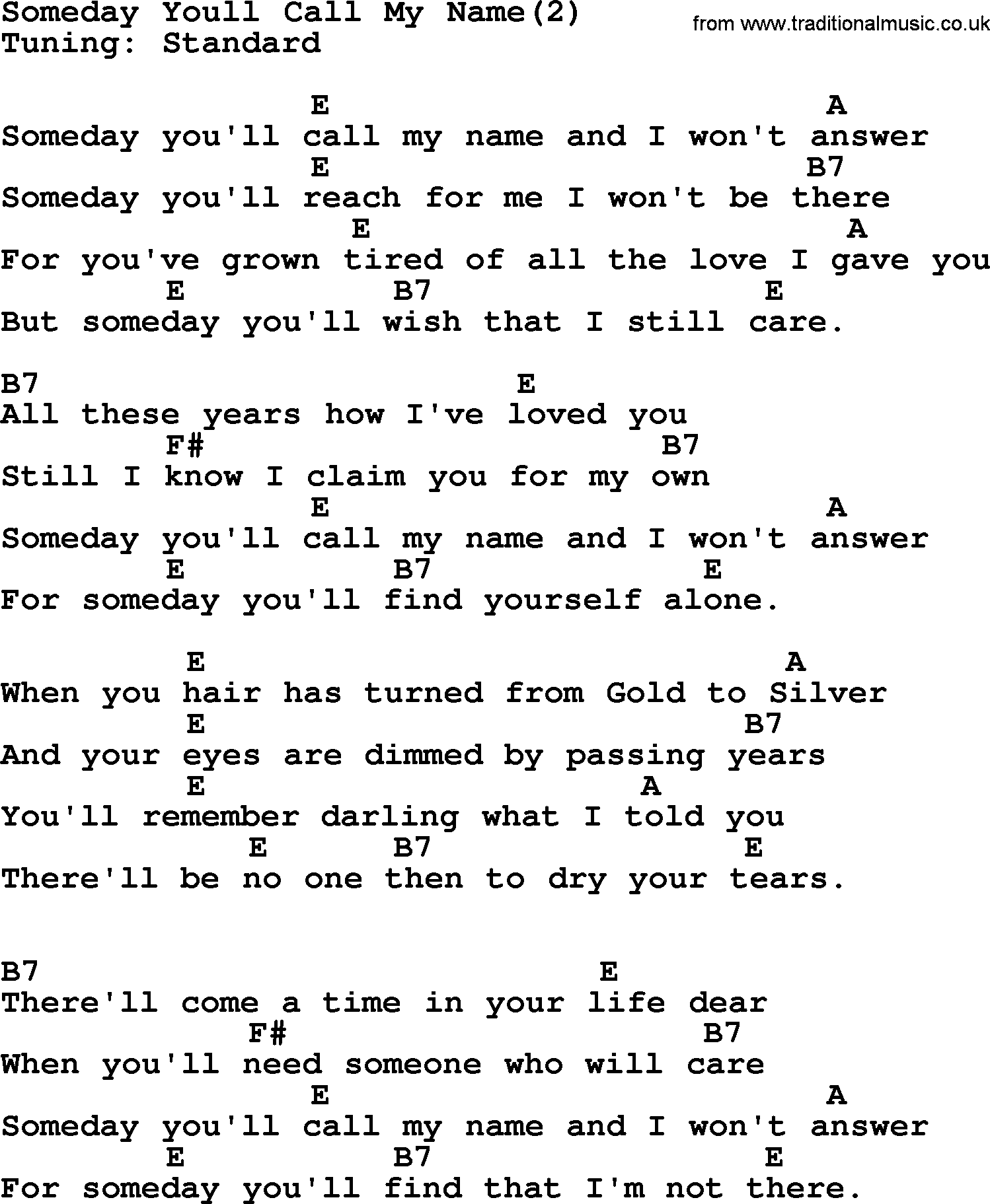 Hank Williams song Someday Youll Call My Name(2), lyrics and chords