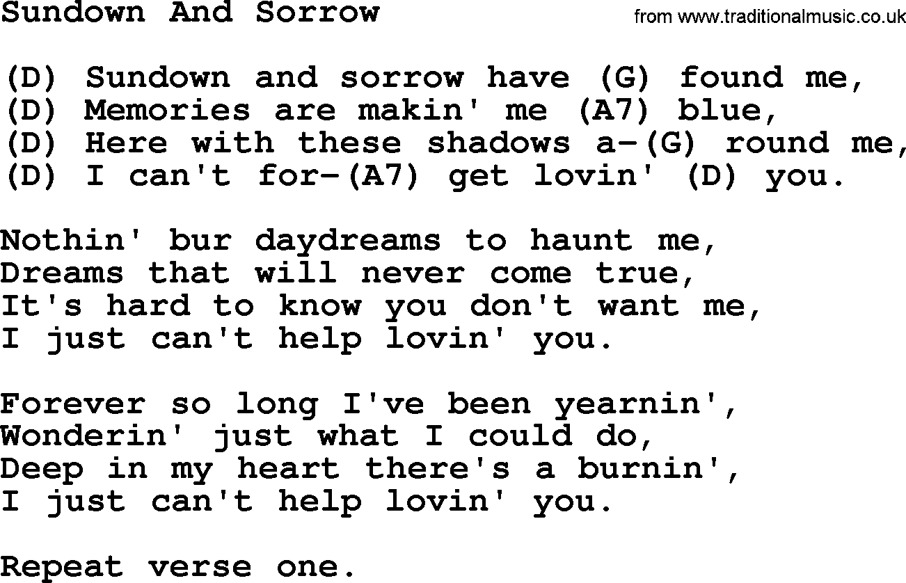 Hank Williams song Sundown And Sorrow, lyrics and chords