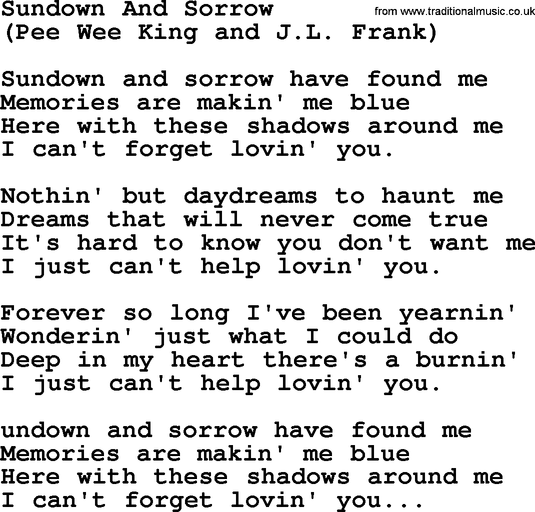 Hank Williams song Sundown And Sorrow, lyrics