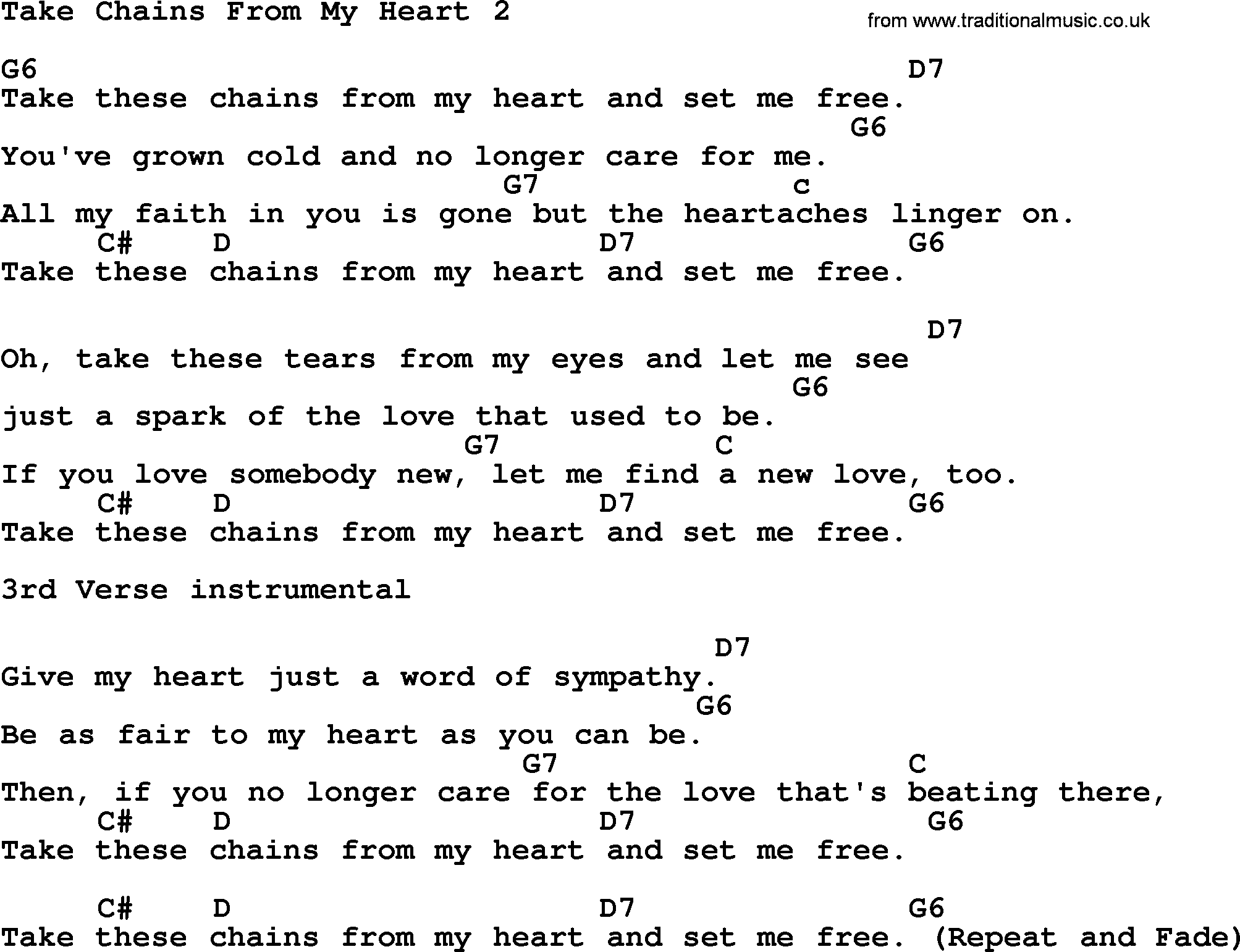 Hank Williams song Take Chains From My Heart2, lyrics and chords