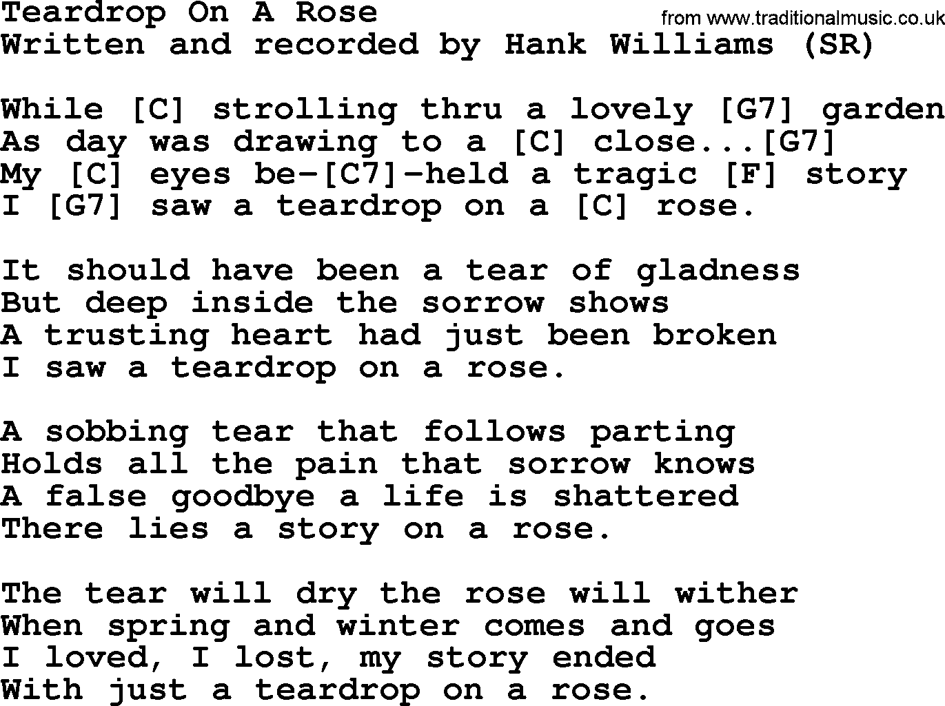 Hank Williams song Teardrop On A Rose, lyrics and chords