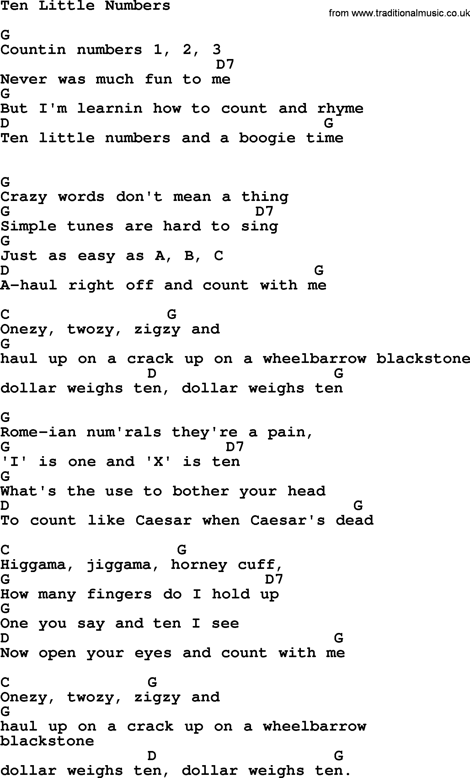 Hank Williams song Ten Little Numbers, lyrics and chords