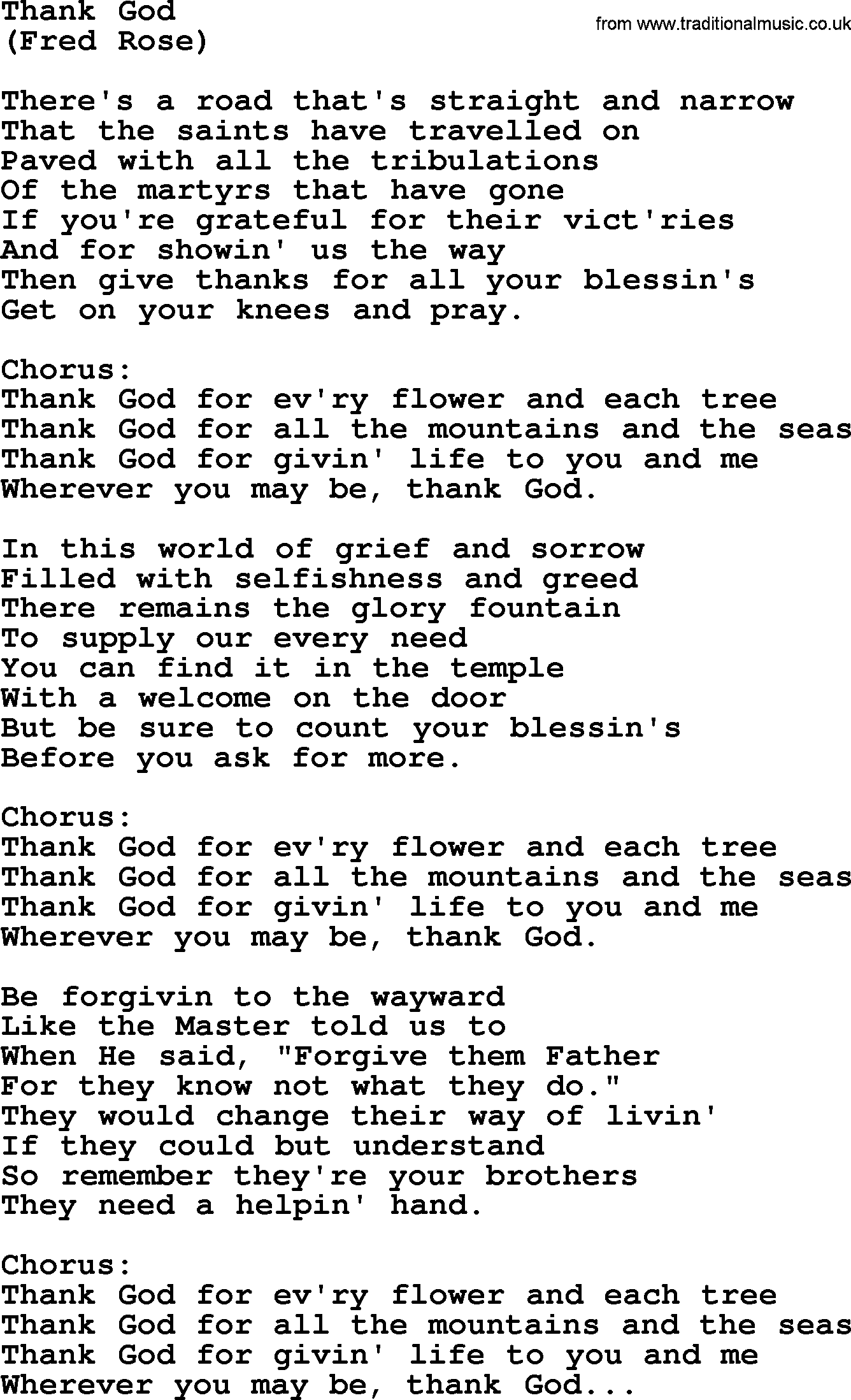 Hank Williams song Thank God, lyrics