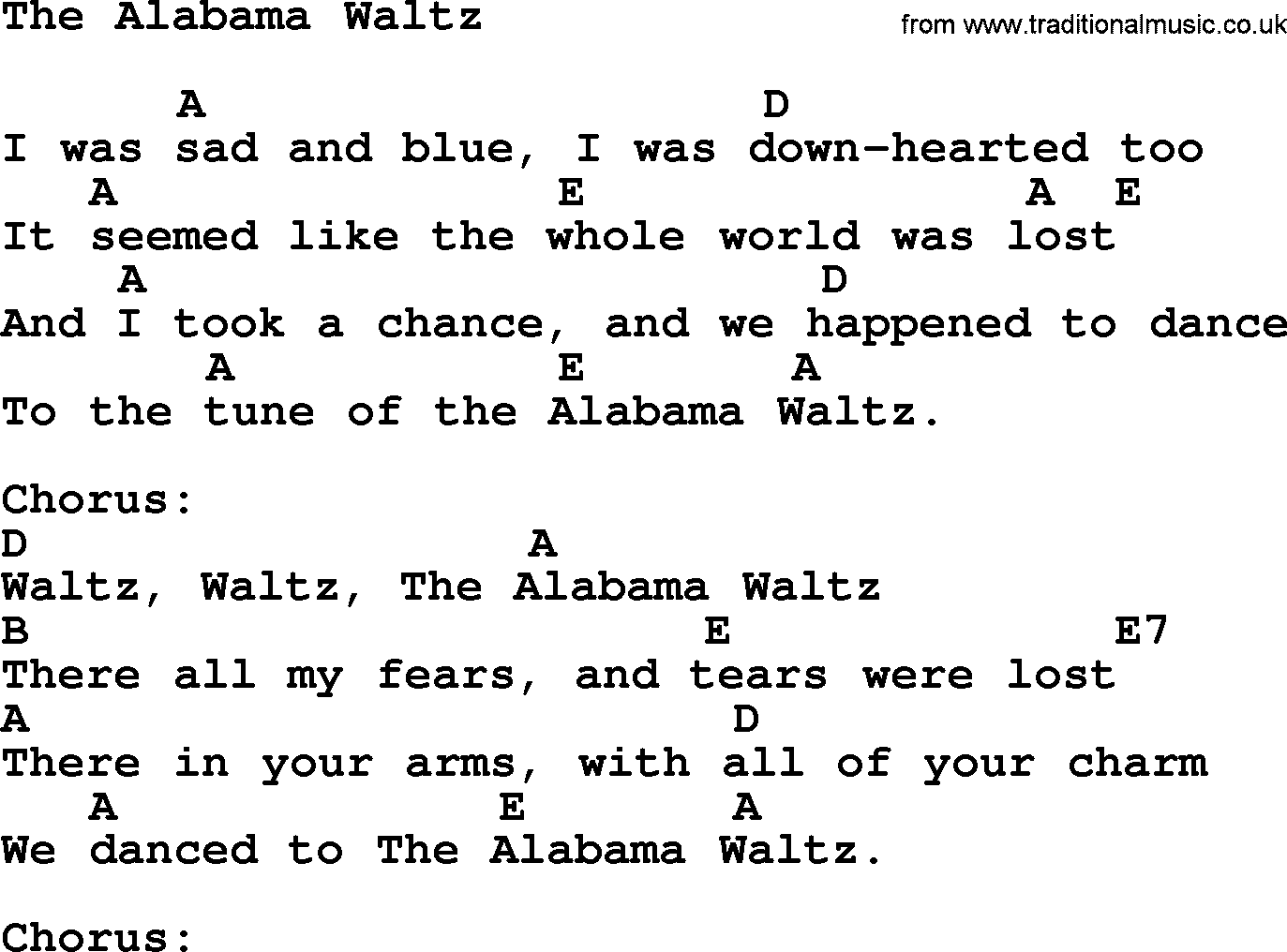 Hank Williams song The Alabama Waltz, lyrics and chords