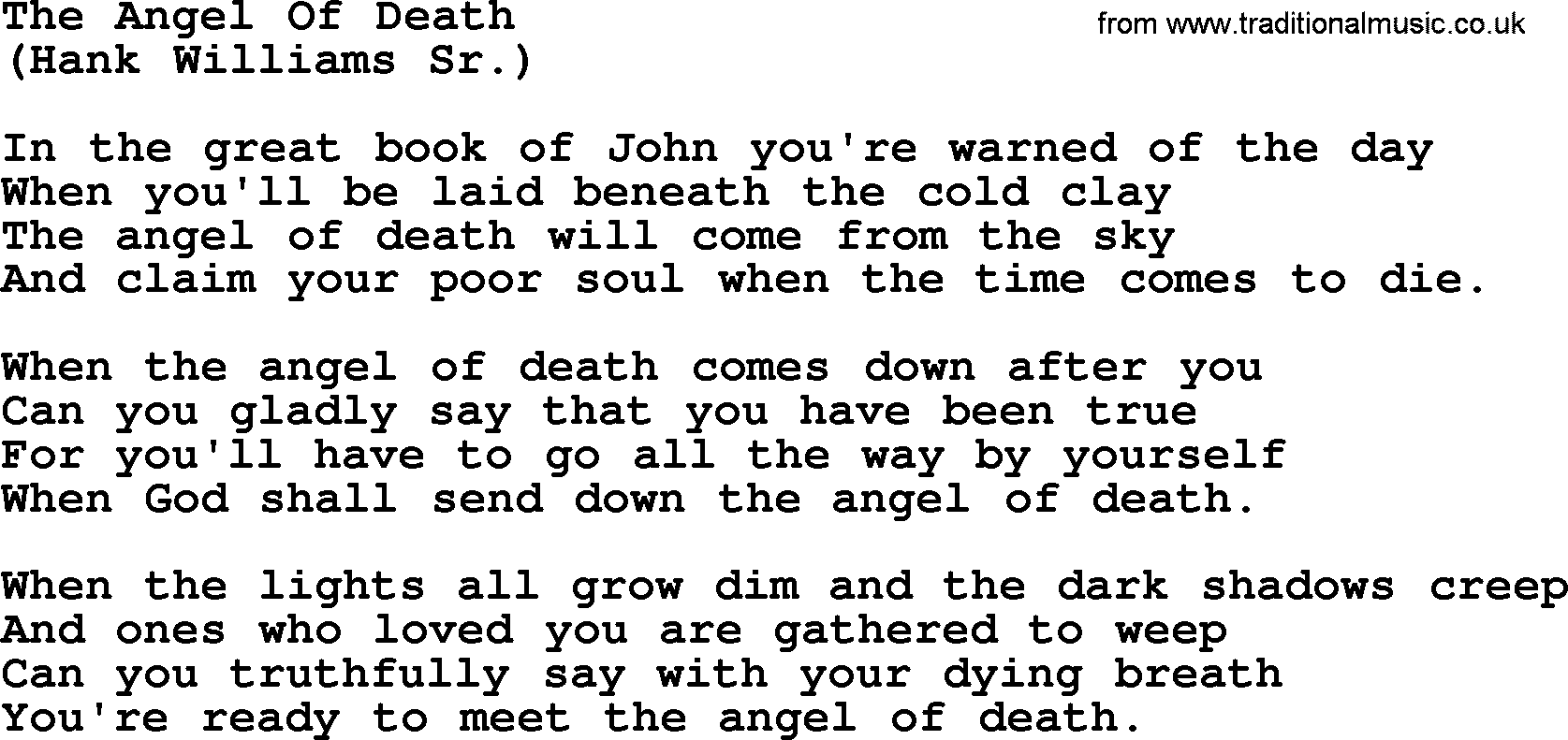 Hank Williams song The Angel Of Death, lyrics