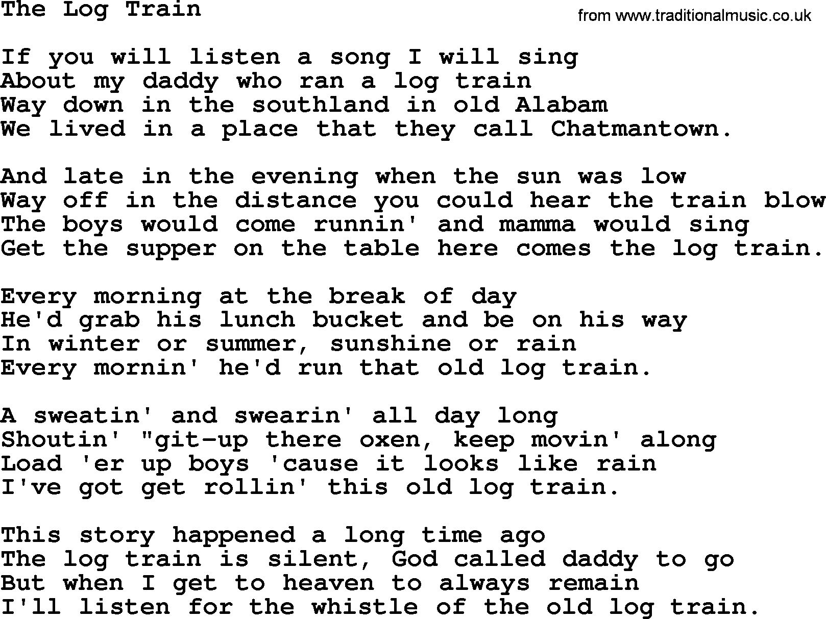 Hank Williams song The Log Train, lyrics