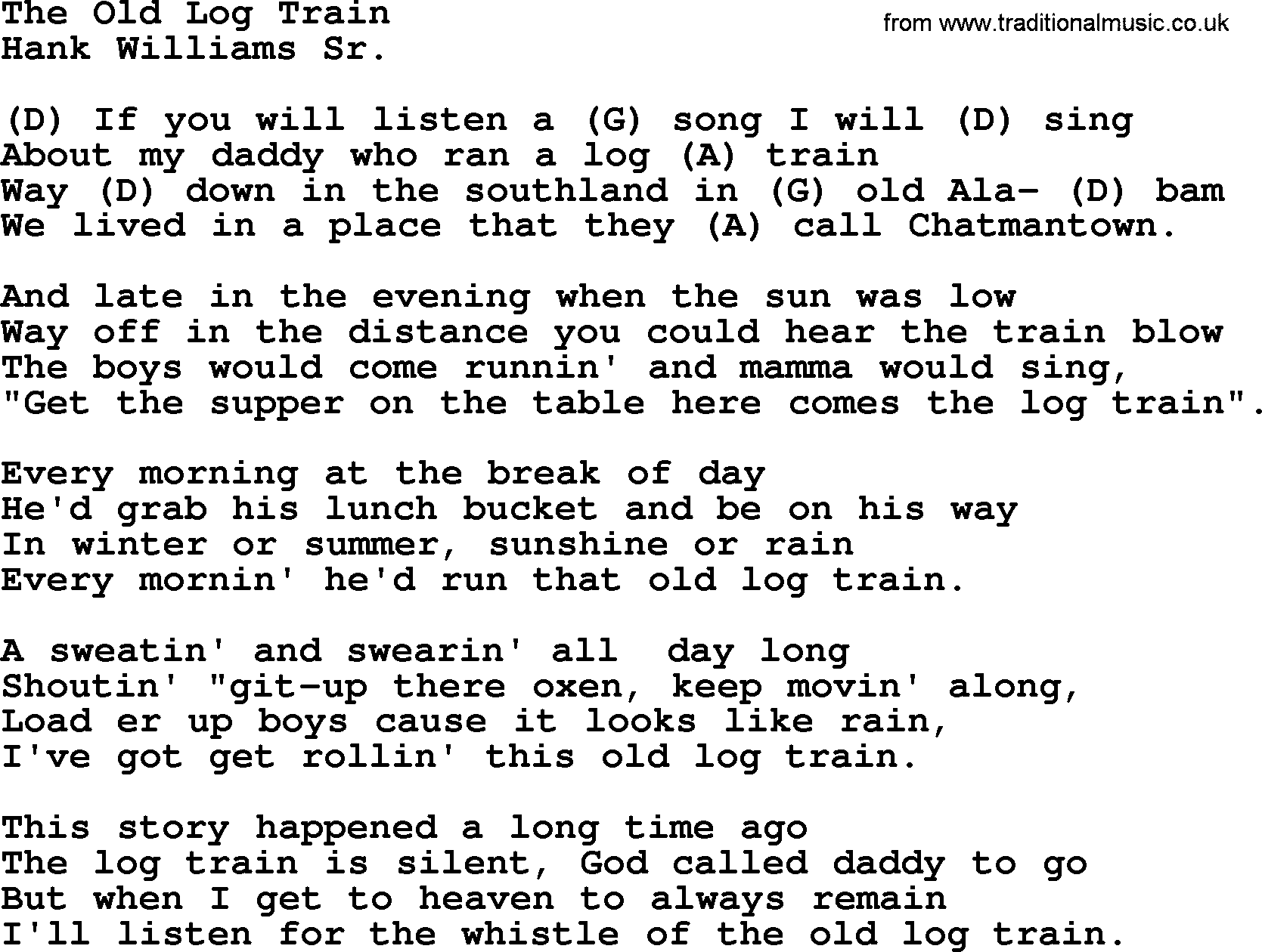 Hank Williams song The Old Log Train, lyrics and chords