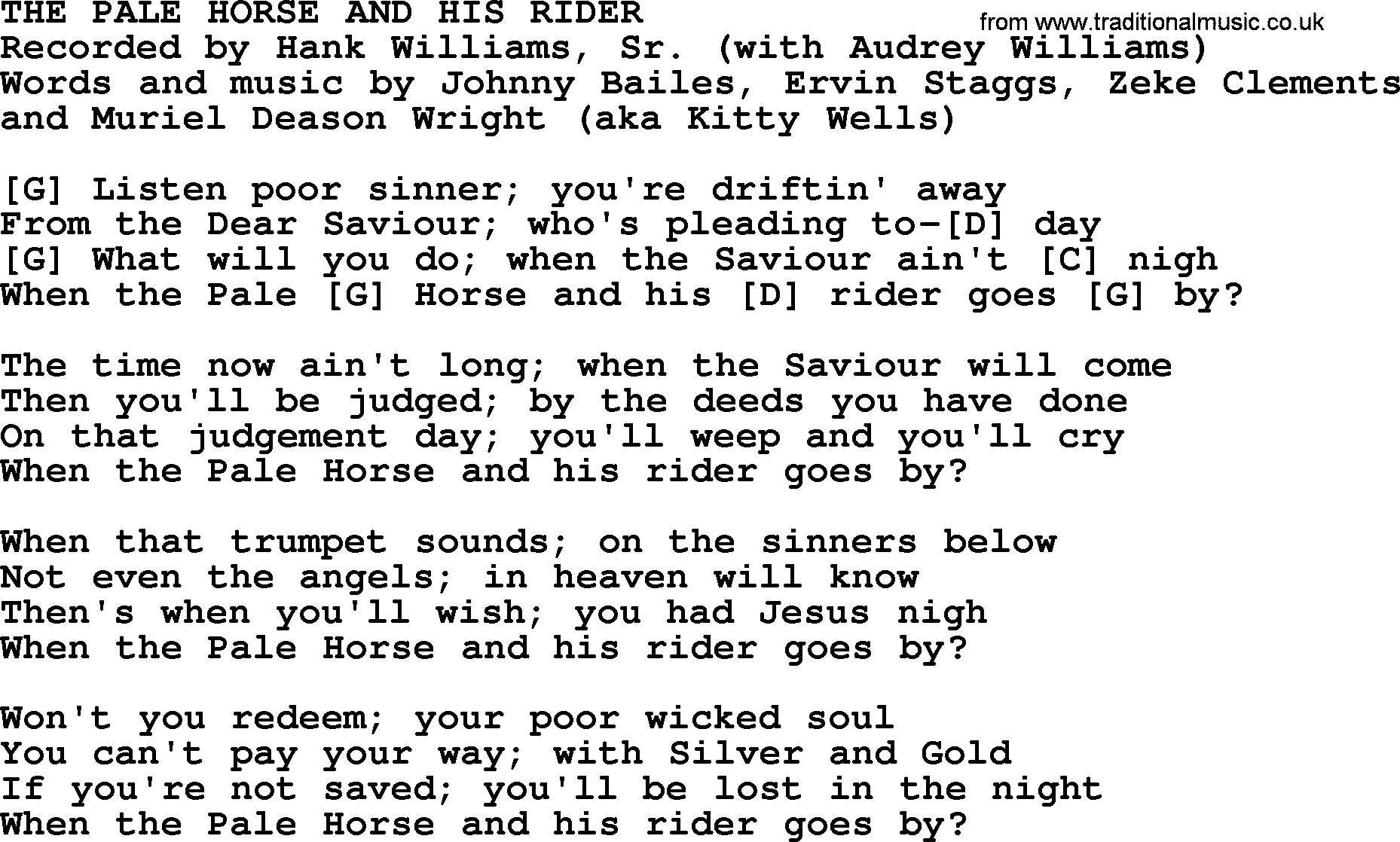Hank Williams song The Pale Horse And His Rider, lyrics and chords
