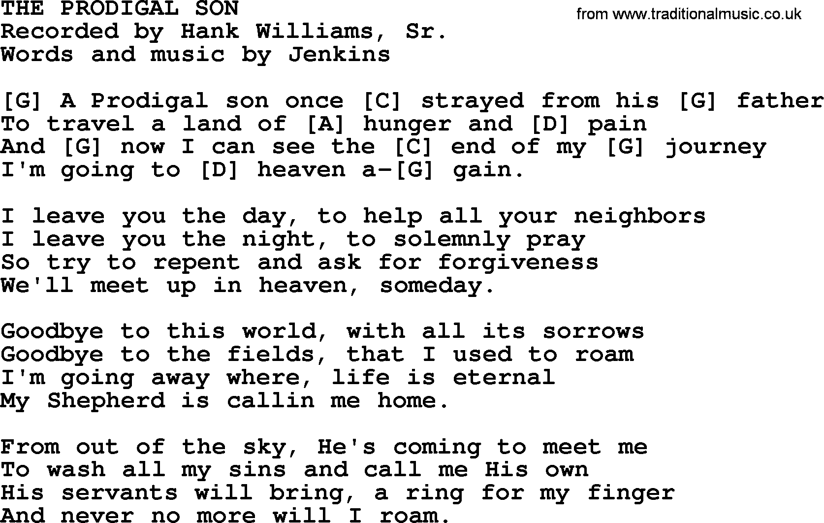 Hank Williams song The Prodigal Son, lyrics and chords