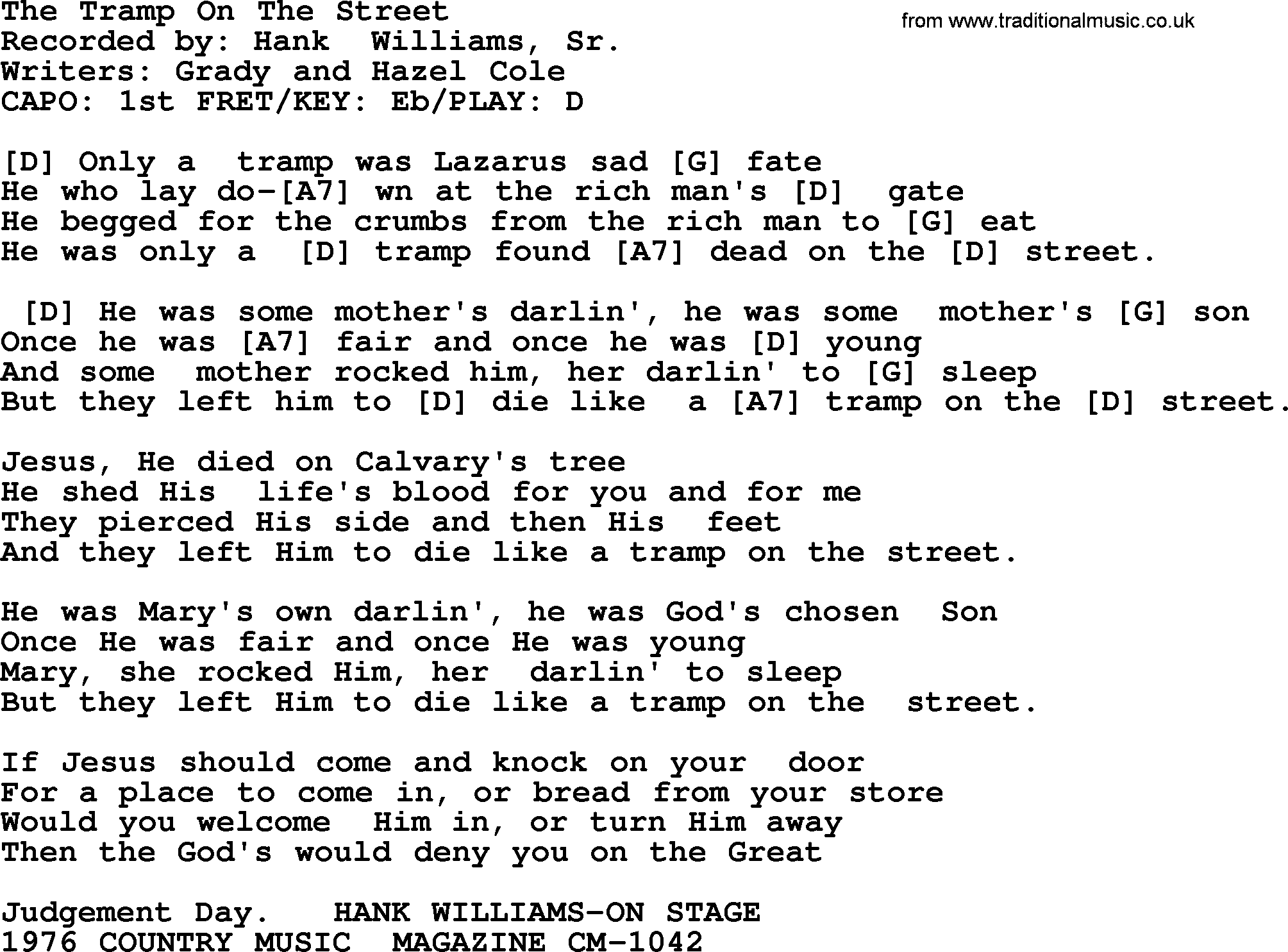 Hank Williams song The Tramp On The Street, lyrics and chords