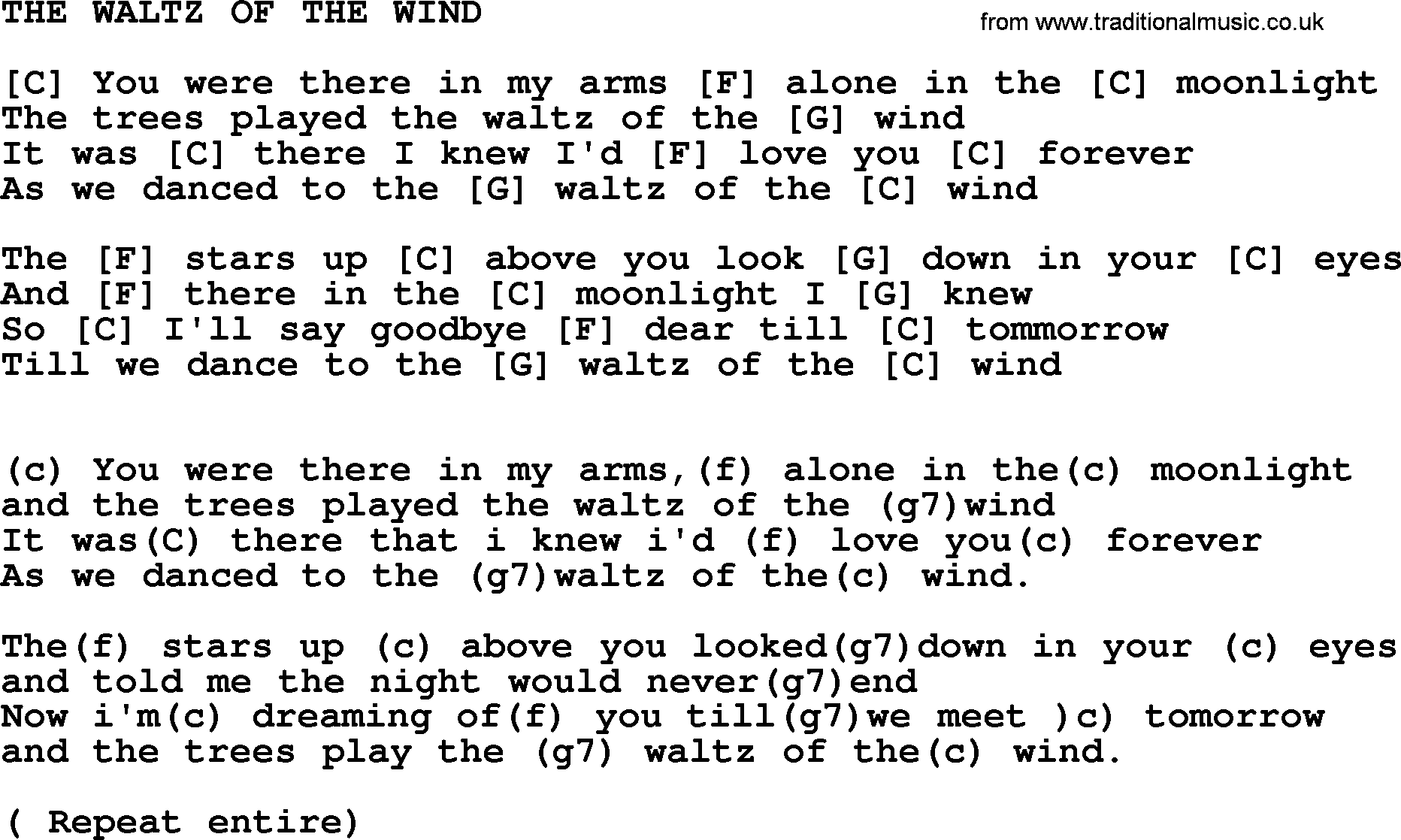Hank Williams song The Waltz Of The Wind, lyrics and chords