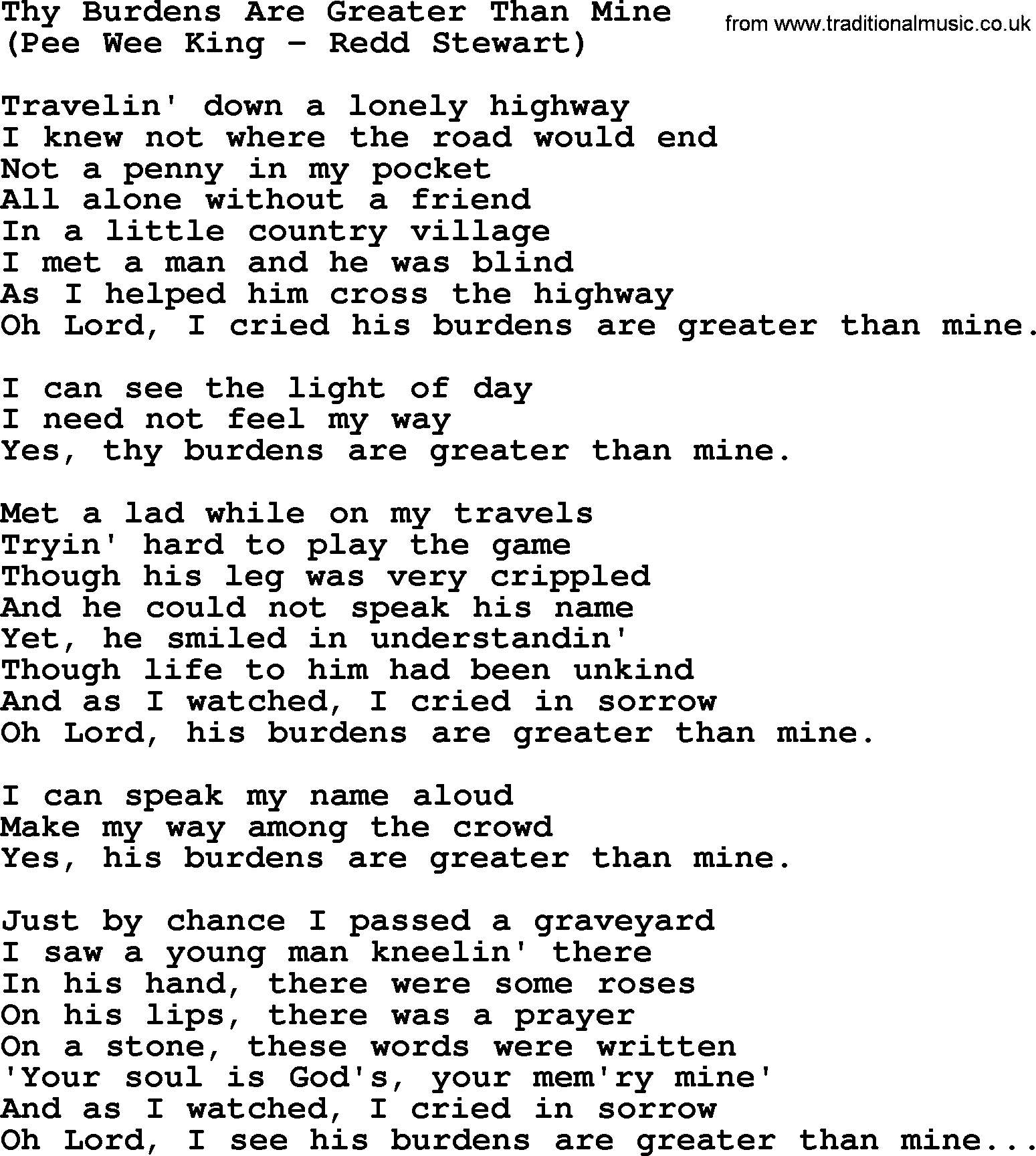 Hank Williams song Thy Burdens Are Greater Than Mine, lyrics