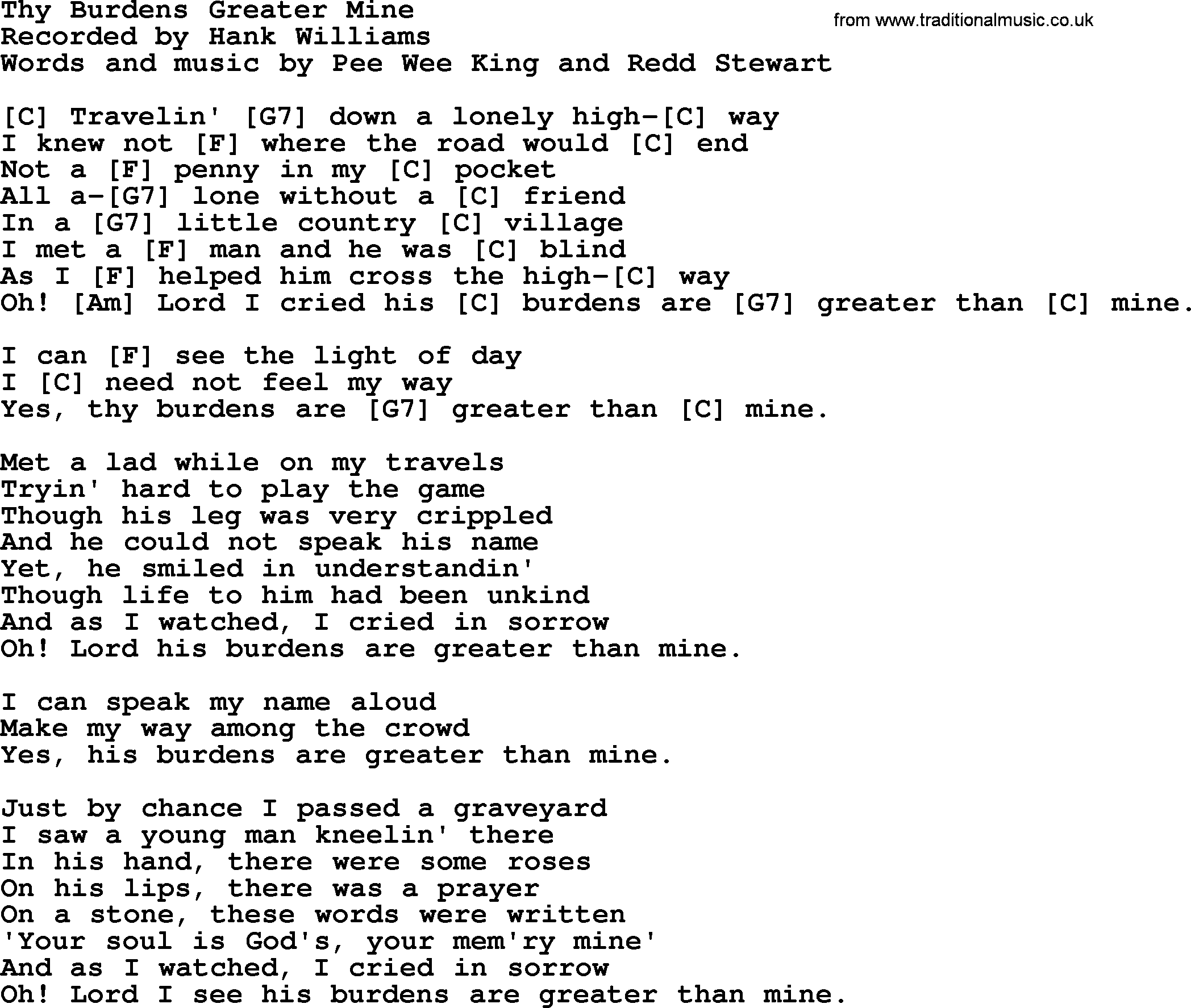 Hank Williams song Thy Burdens Greater Mine, lyrics and chords