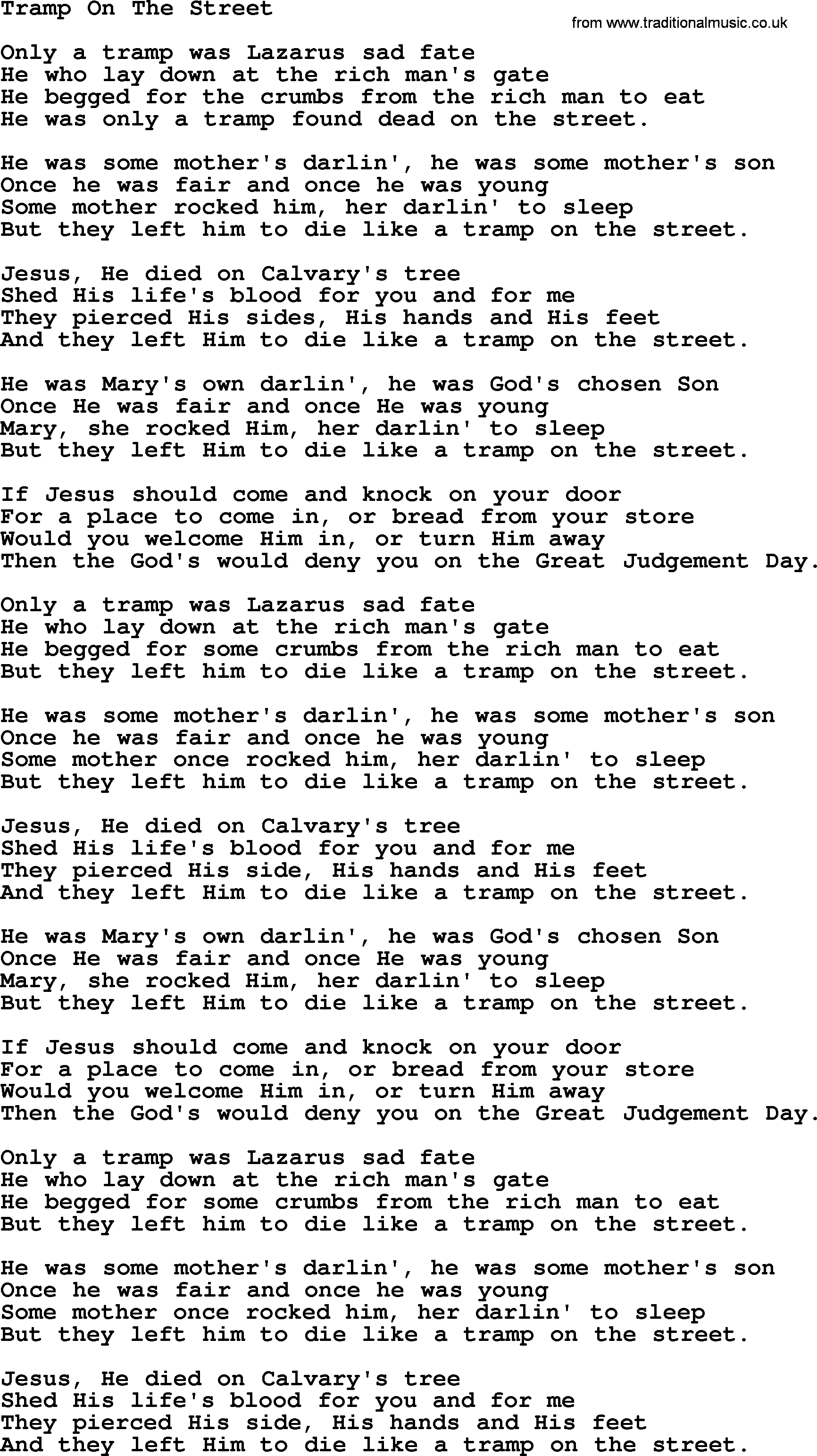 Hank Williams song Tramp On The Street, lyrics