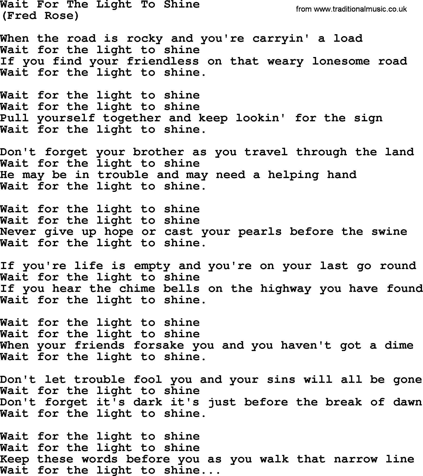 Hank Williams song Wait For The Light To Shine, lyrics