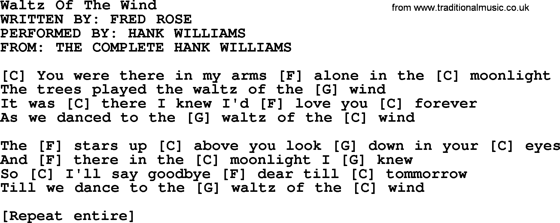 Hank Williams song Waltz Of The Wind, lyrics and chords