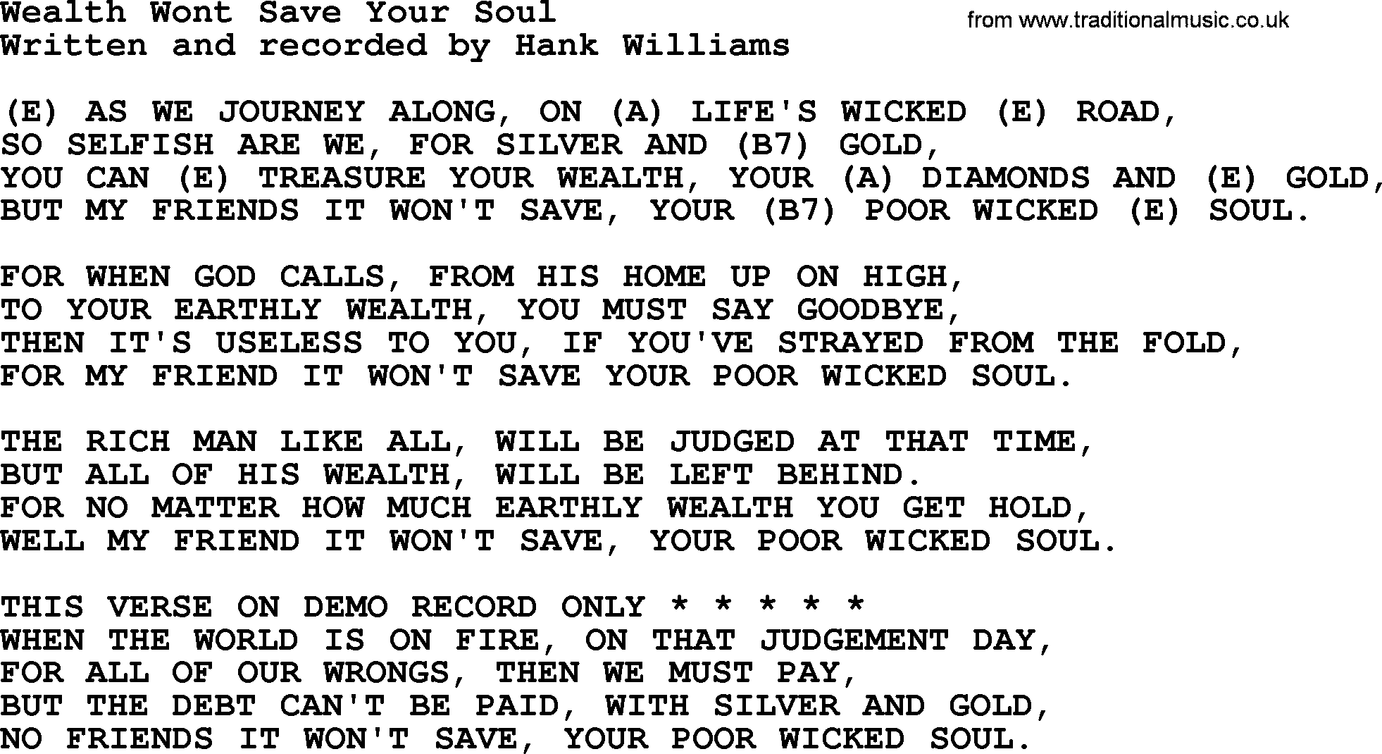 Hank Williams song Wealth Wont Save Your Soul, lyrics and chords