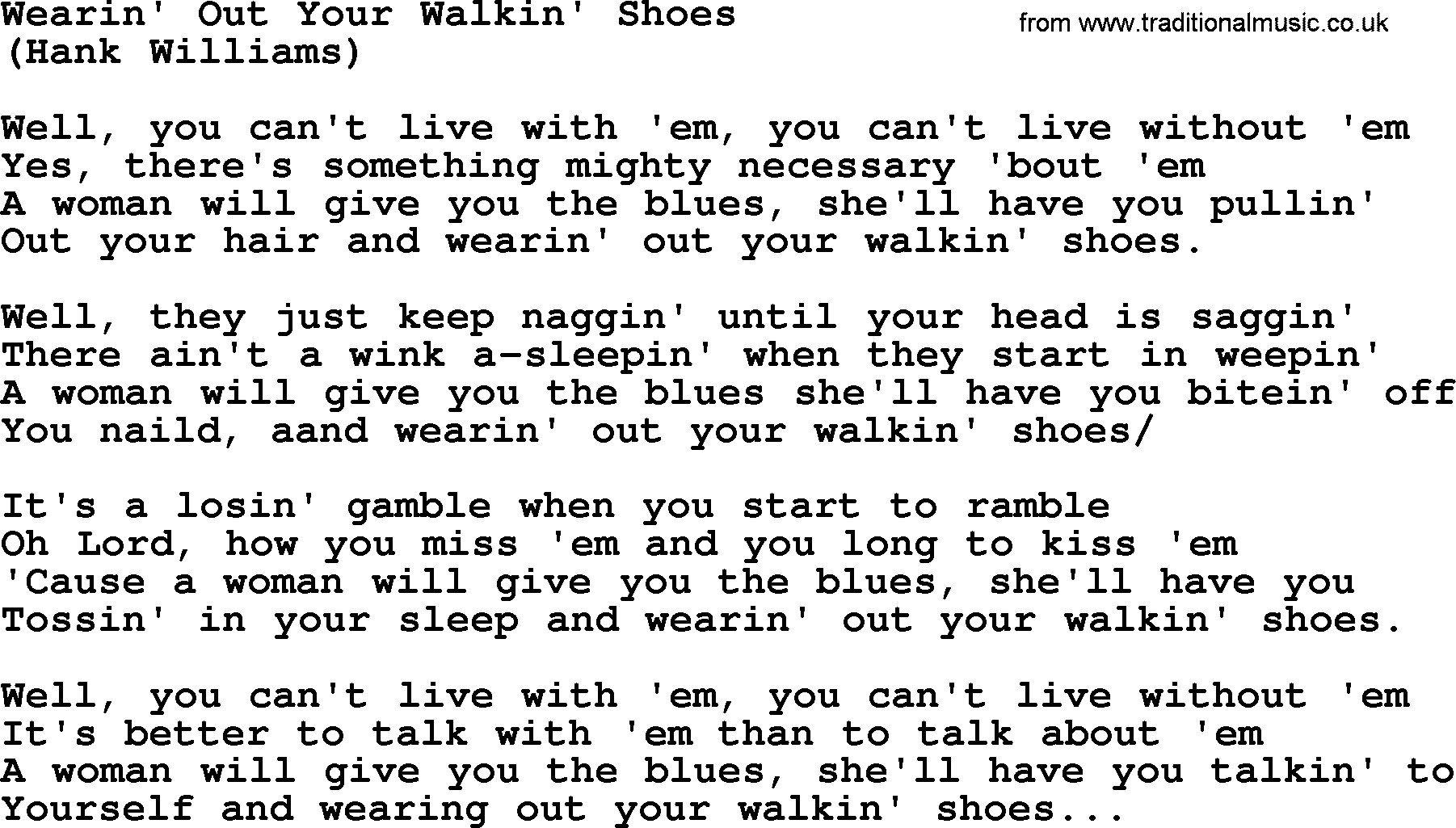 Hank Williams song Wearin' Out Your Walkin' Shoes, lyrics