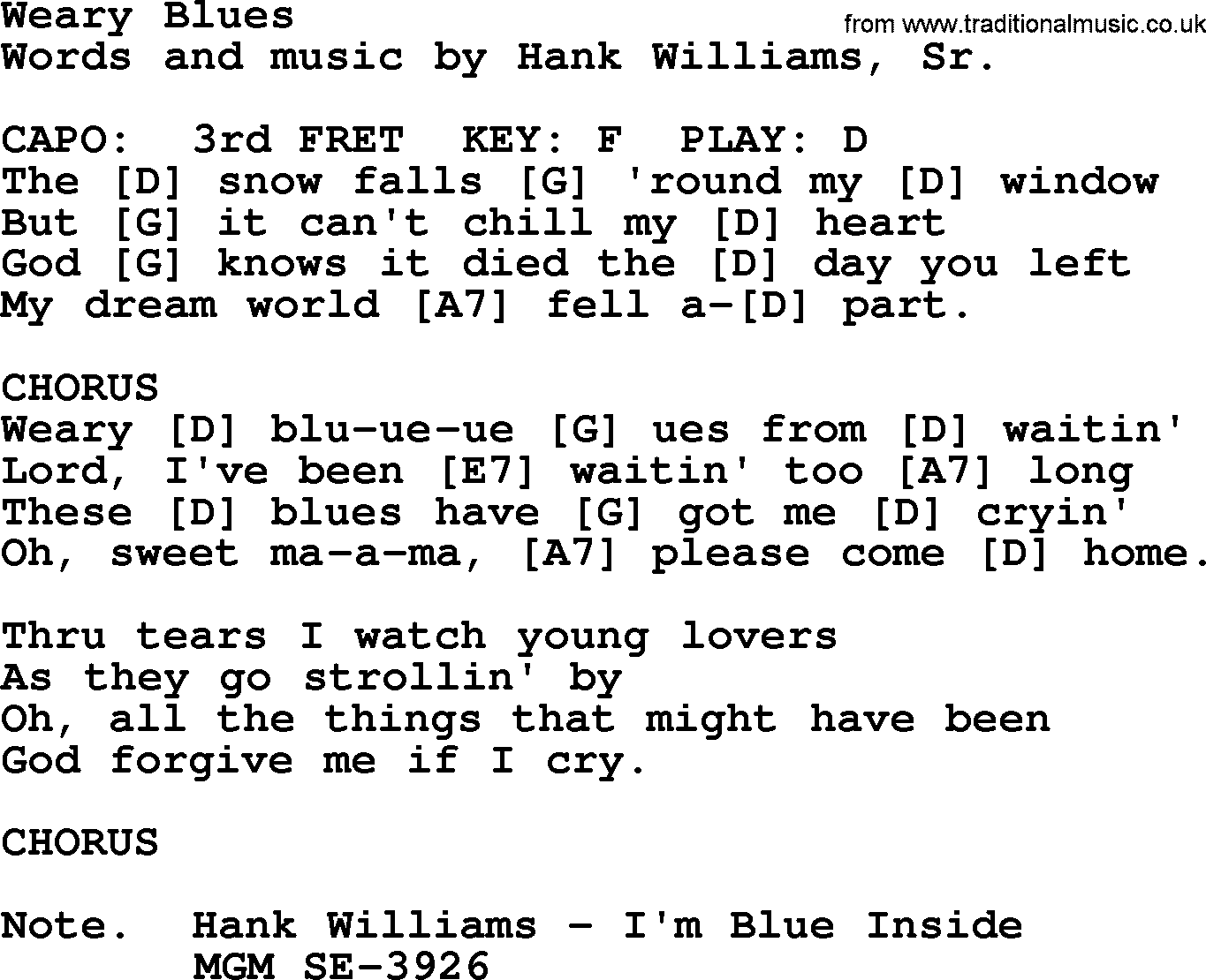 Hank Williams song Weary Blues, lyrics and chords
