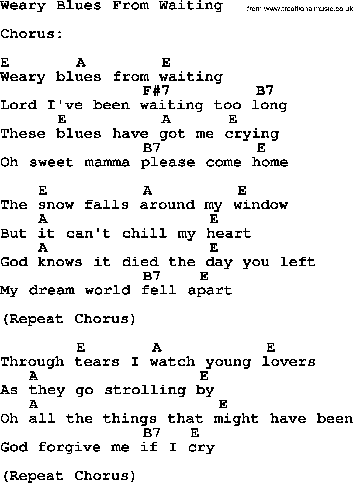 Hank Williams song Weary Blues From Waiting, lyrics and chords