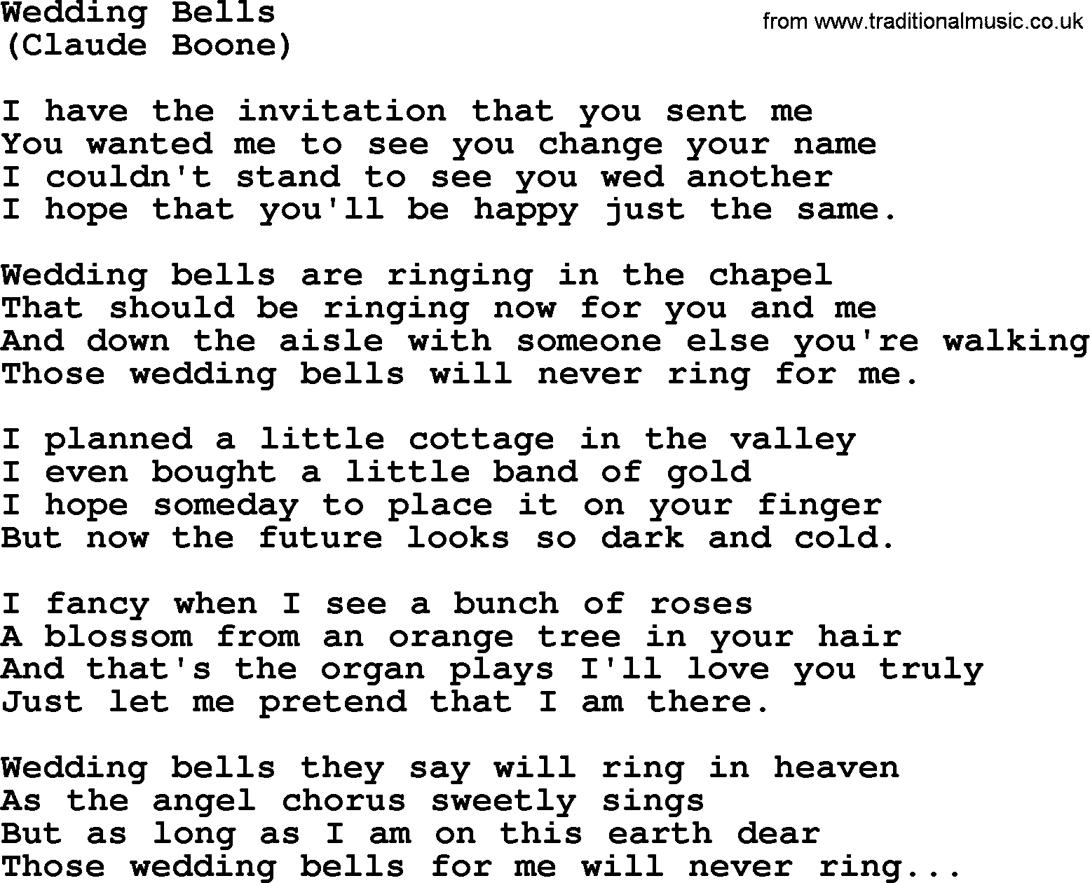 Hank Williams song Wedding Bells, lyrics