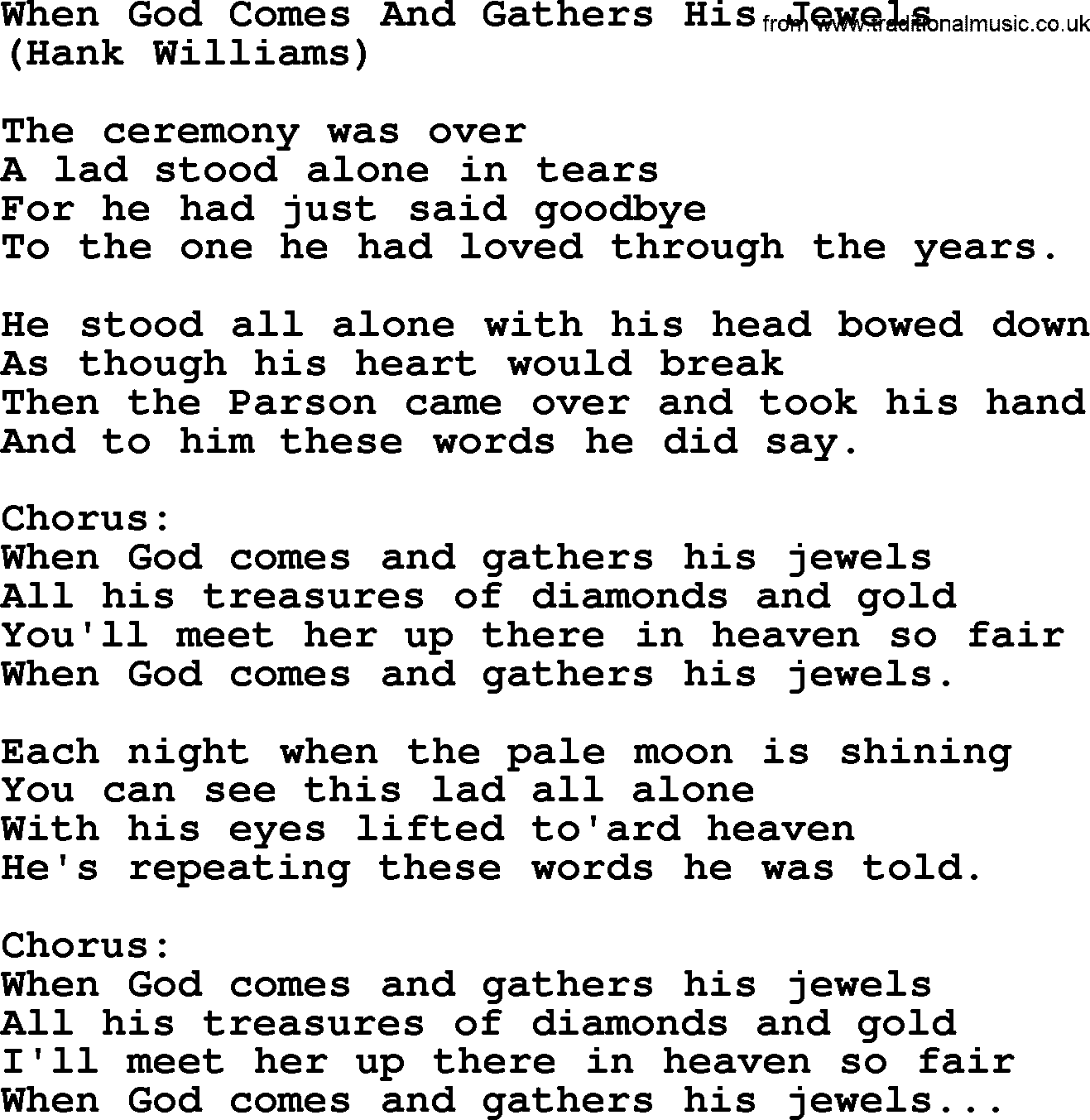 Hank Williams song When God Comes And Gathers His Jewels, lyrics